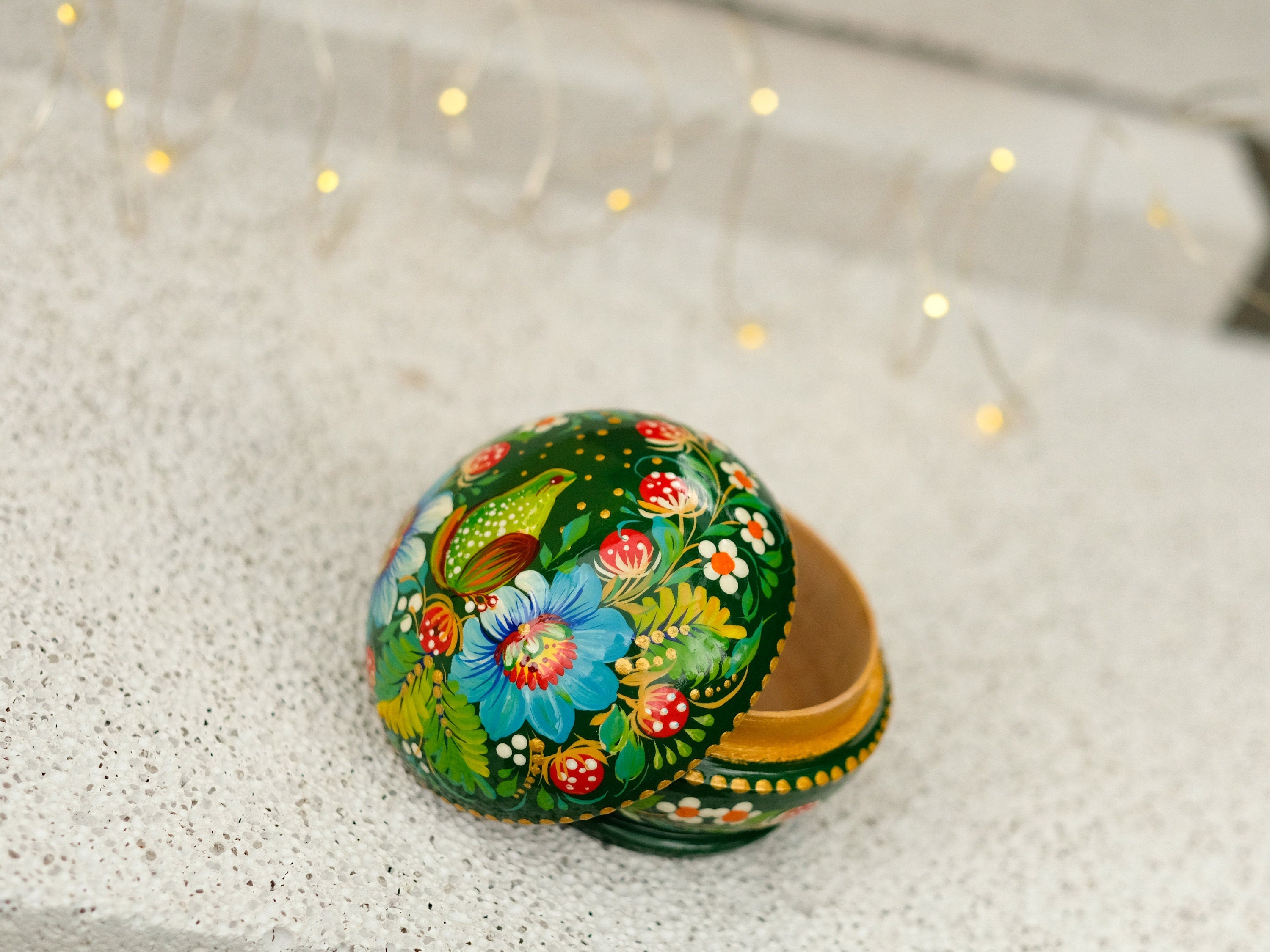 Painted Frog Wooden Jewelry Box 2.75 in - Small Earrings Box with Green Flowers Handmade in Ukraine with Petrykivka Art