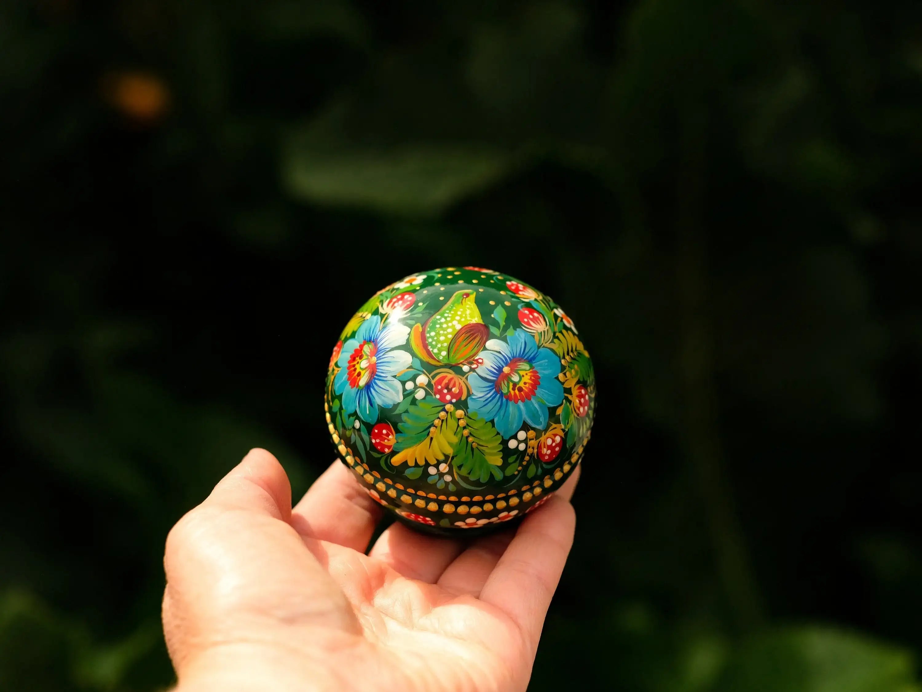 Painted Frog Wooden Jewelry Box 2.75 in - Small Earrings Box with Green Flowers Handmade in Ukraine with Petrykivka Art