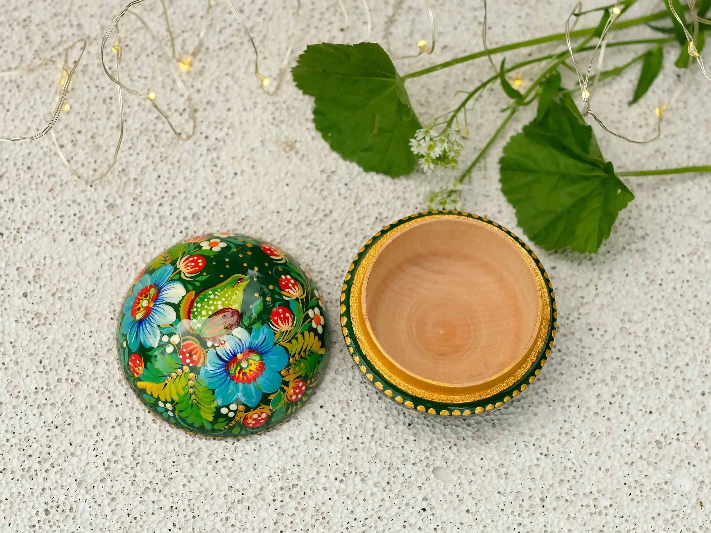 Painted Frog Wooden Jewelry Box 2.75 in - Small Earrings Box with Green Flowers Handmade in Ukraine with Petrykivka Art