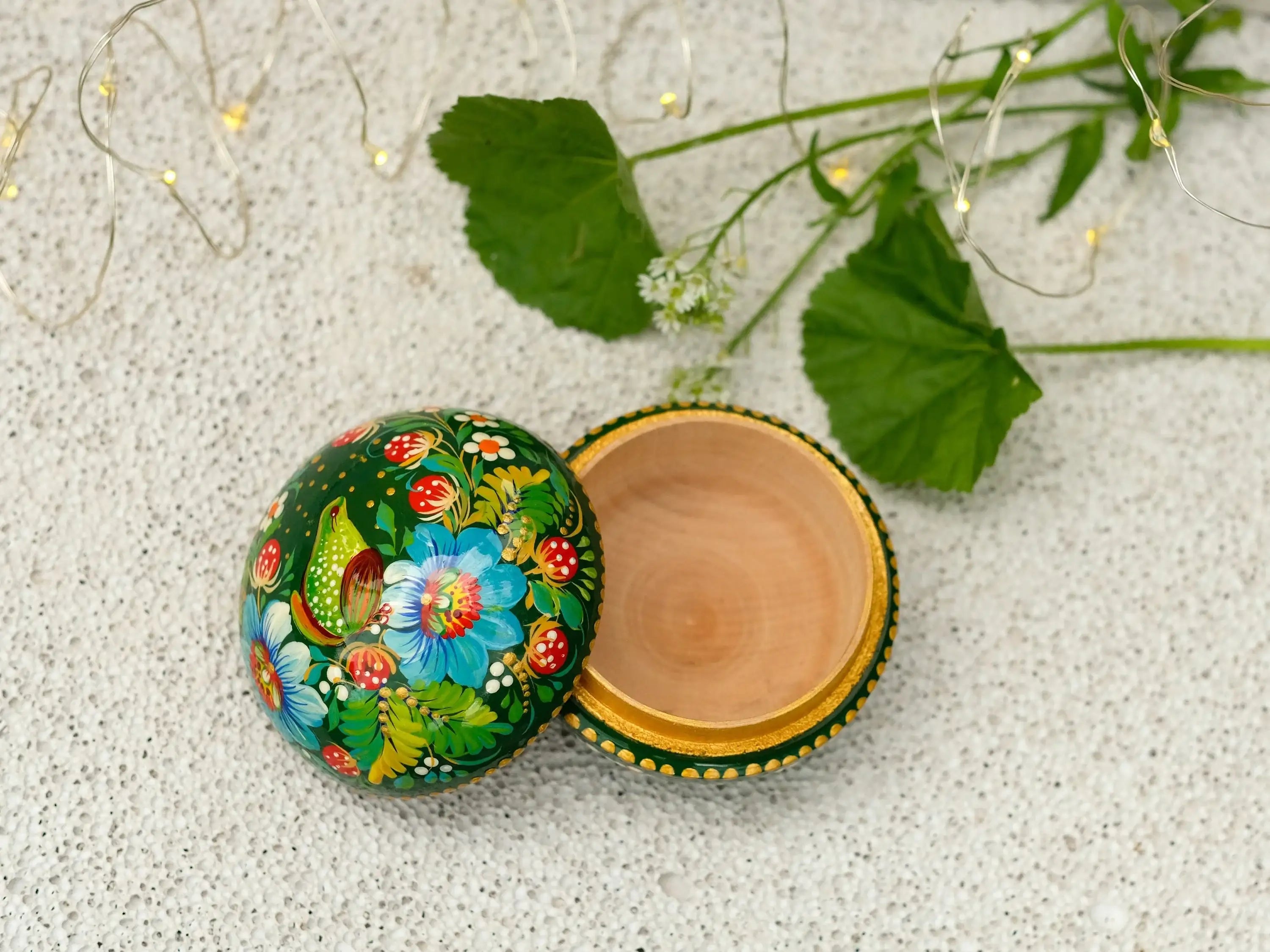 Painted Frog Wooden Jewelry Box 2.75 in - Small Earrings Box with Green Flowers Handmade in Ukraine with Petrykivka Art