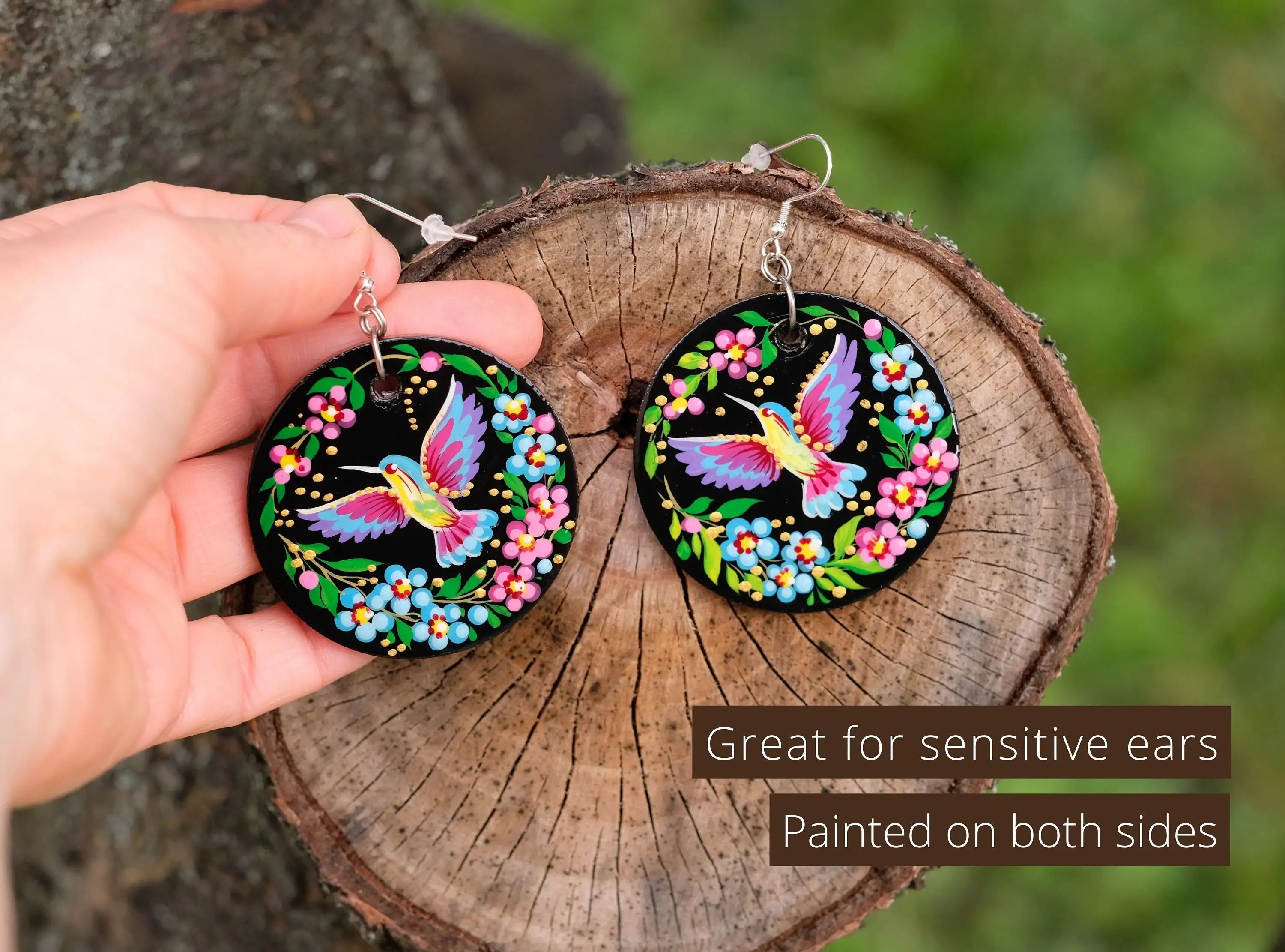 Hand-Painted Wooden Hummingbird Hair Barrette - Artisanal Petrykivka Art Oval French Hair Clip with Blue Flowers