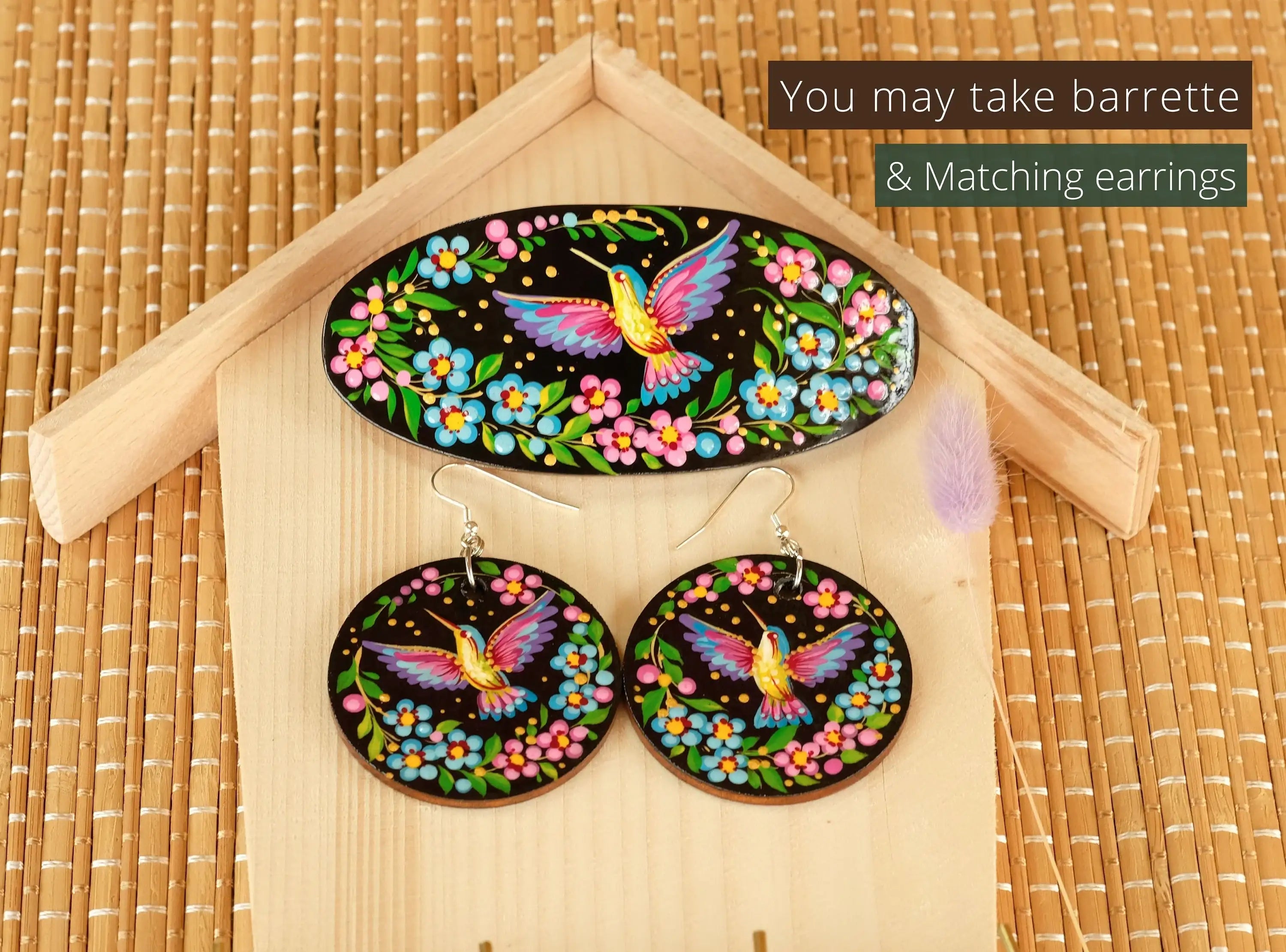 Hand-Painted Wooden Hummingbird Hair Barrette - Artisanal Petrykivka Art Oval French Hair Clip with Blue Flowers