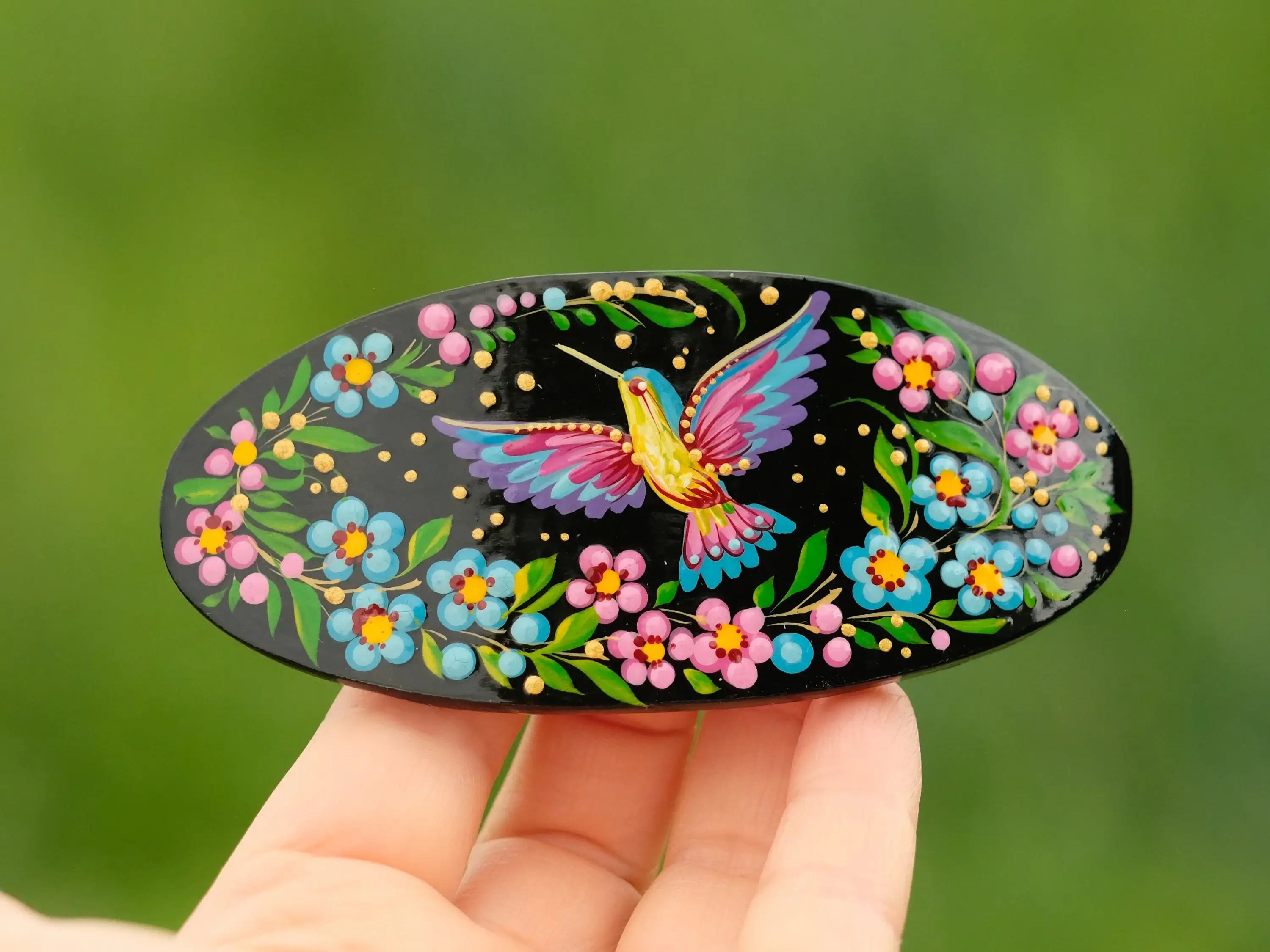 Hand-Painted Wooden Hummingbird Hair Barrette - Artisanal Petrykivka Art Oval French Hair Clip with Blue Flowers