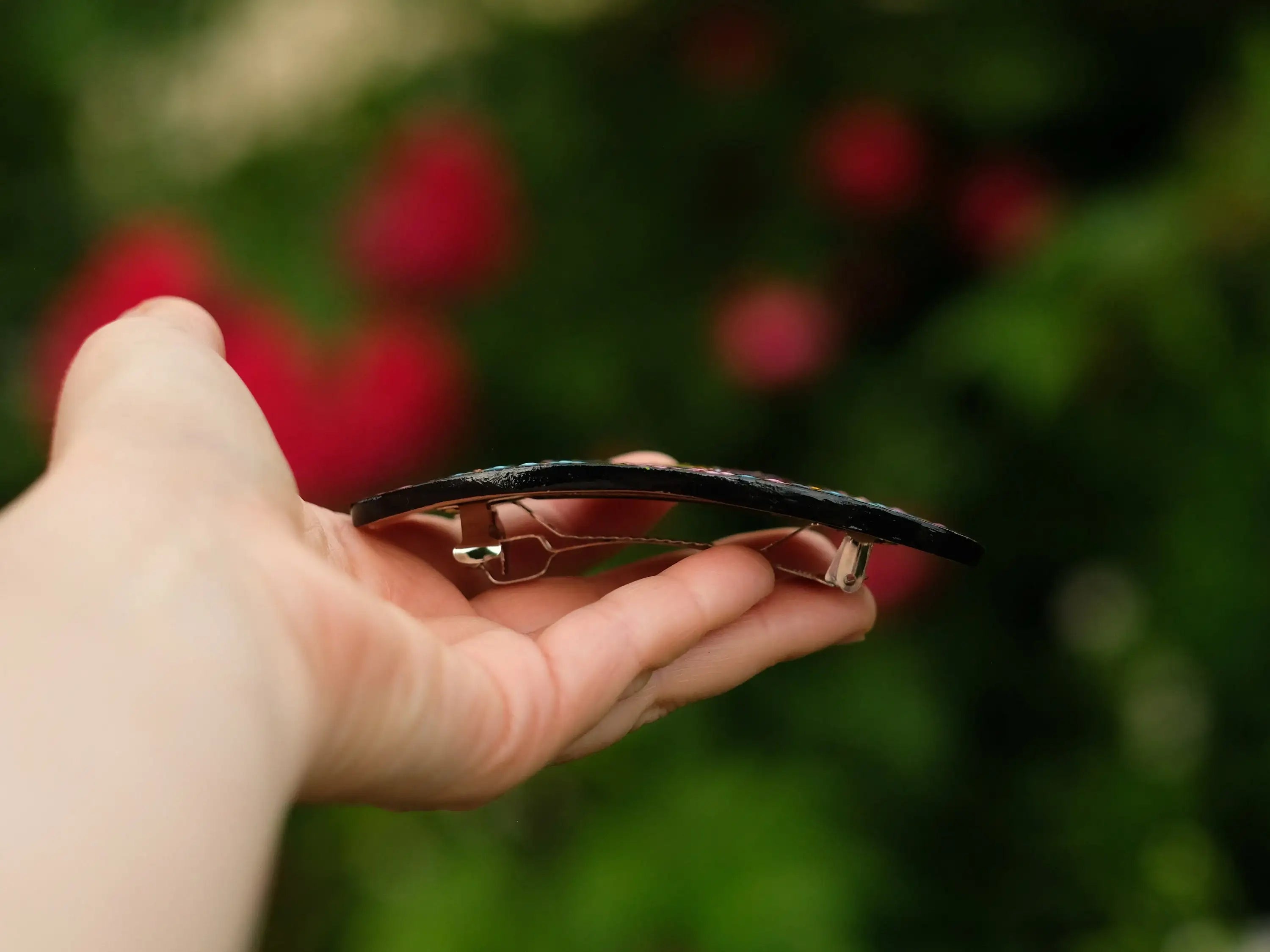 Hand-Painted Wooden Hummingbird Hair Barrette - Artisanal Petrykivka Art Oval French Hair Clip with Blue Flowers