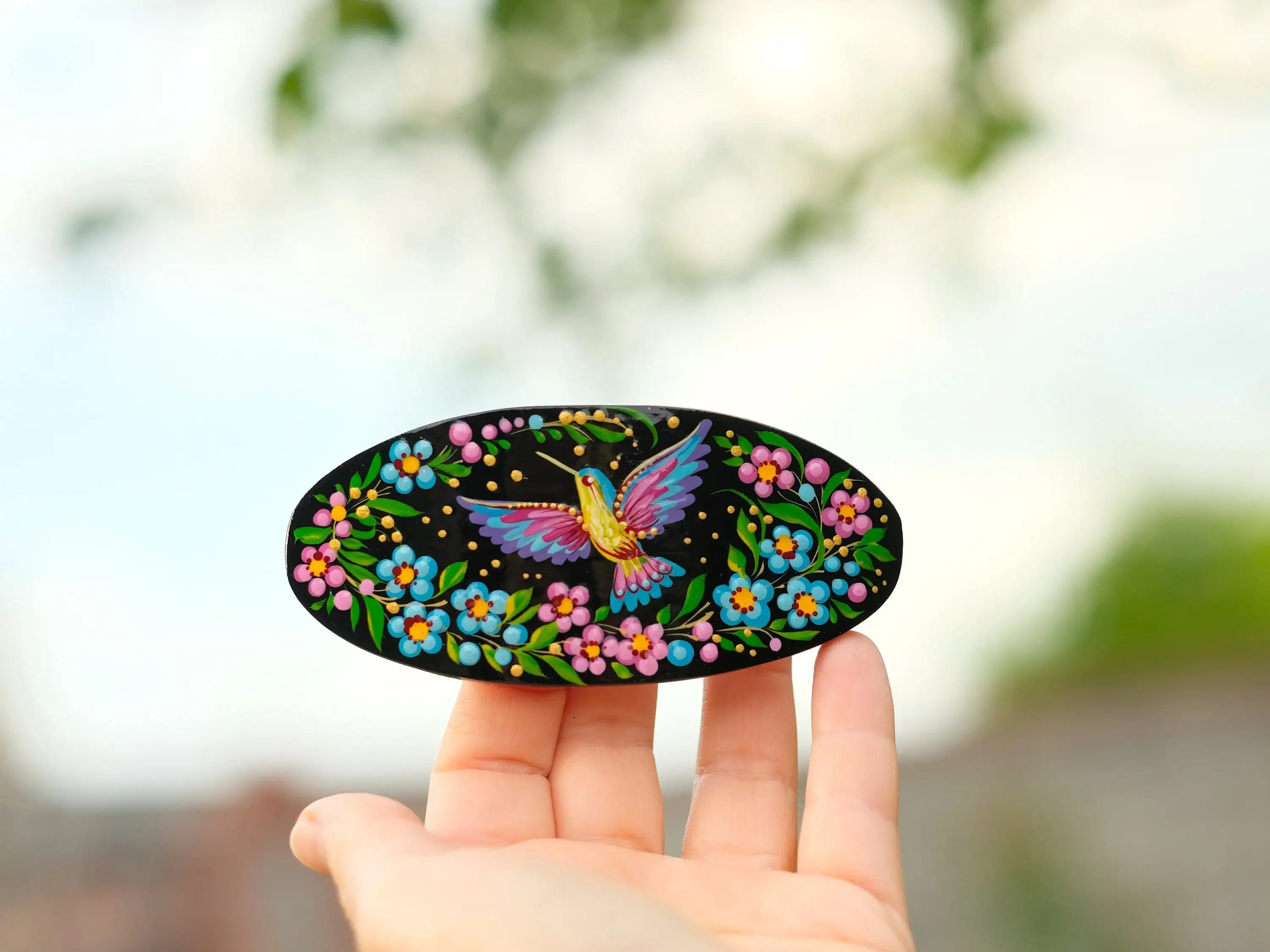 Hand-Painted Wooden Hummingbird Hair Barrette - Artisanal Petrykivka Art Oval French Hair Clip with Blue Flowers