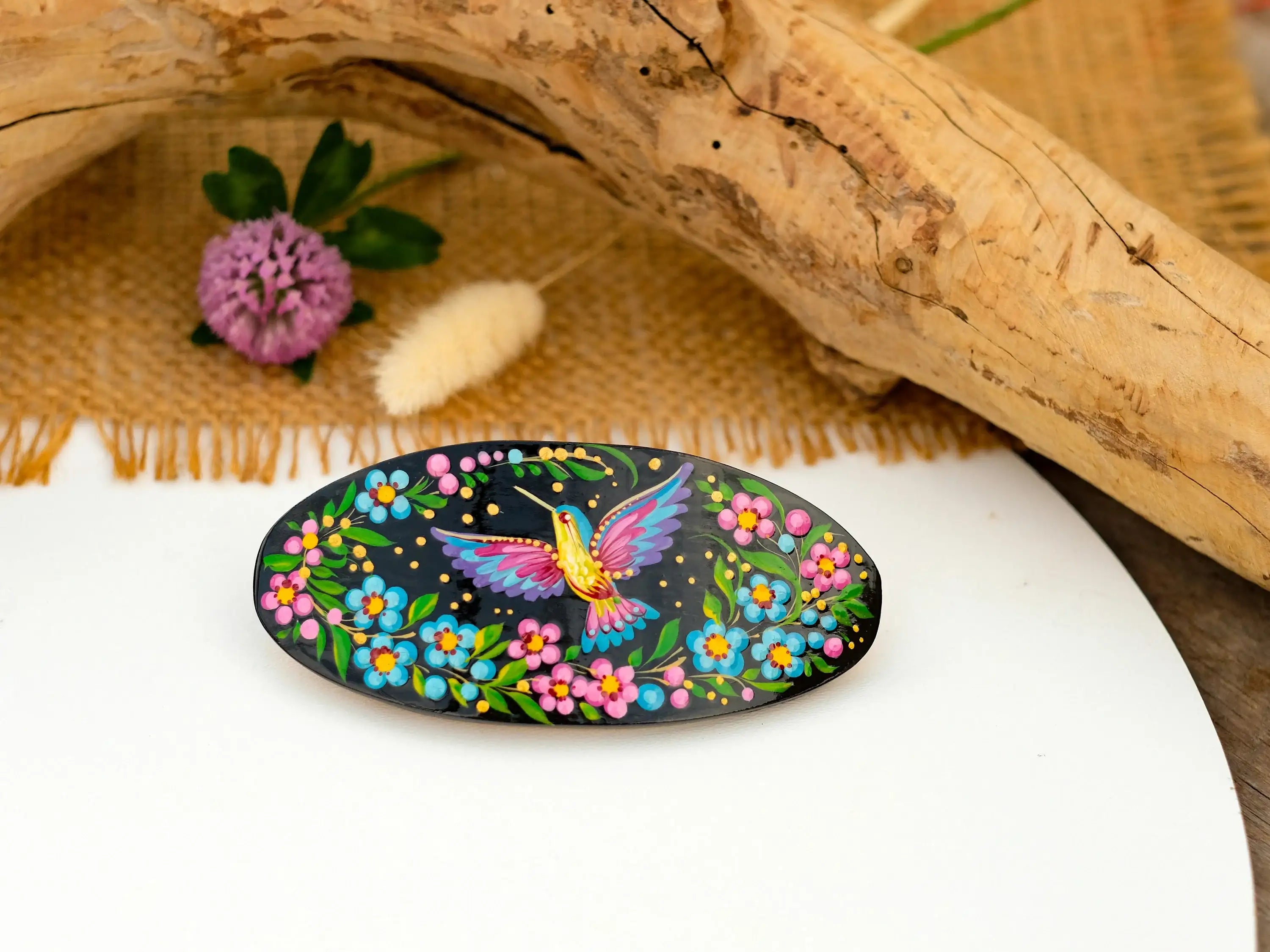 Hand-Painted Wooden Hummingbird Hair Barrette - Artisanal Petrykivka Art Oval French Hair Clip with Blue Flowers