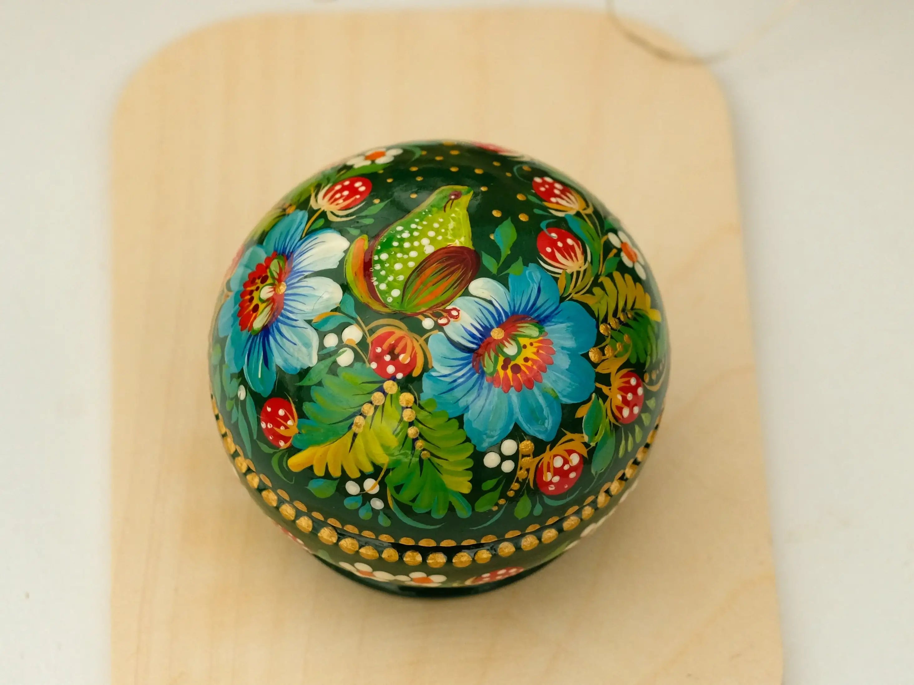 Painted Frog Wooden Jewelry Box 2.75 in - Small Earrings Box with Green Flowers Handmade in Ukraine with Petrykivka Art