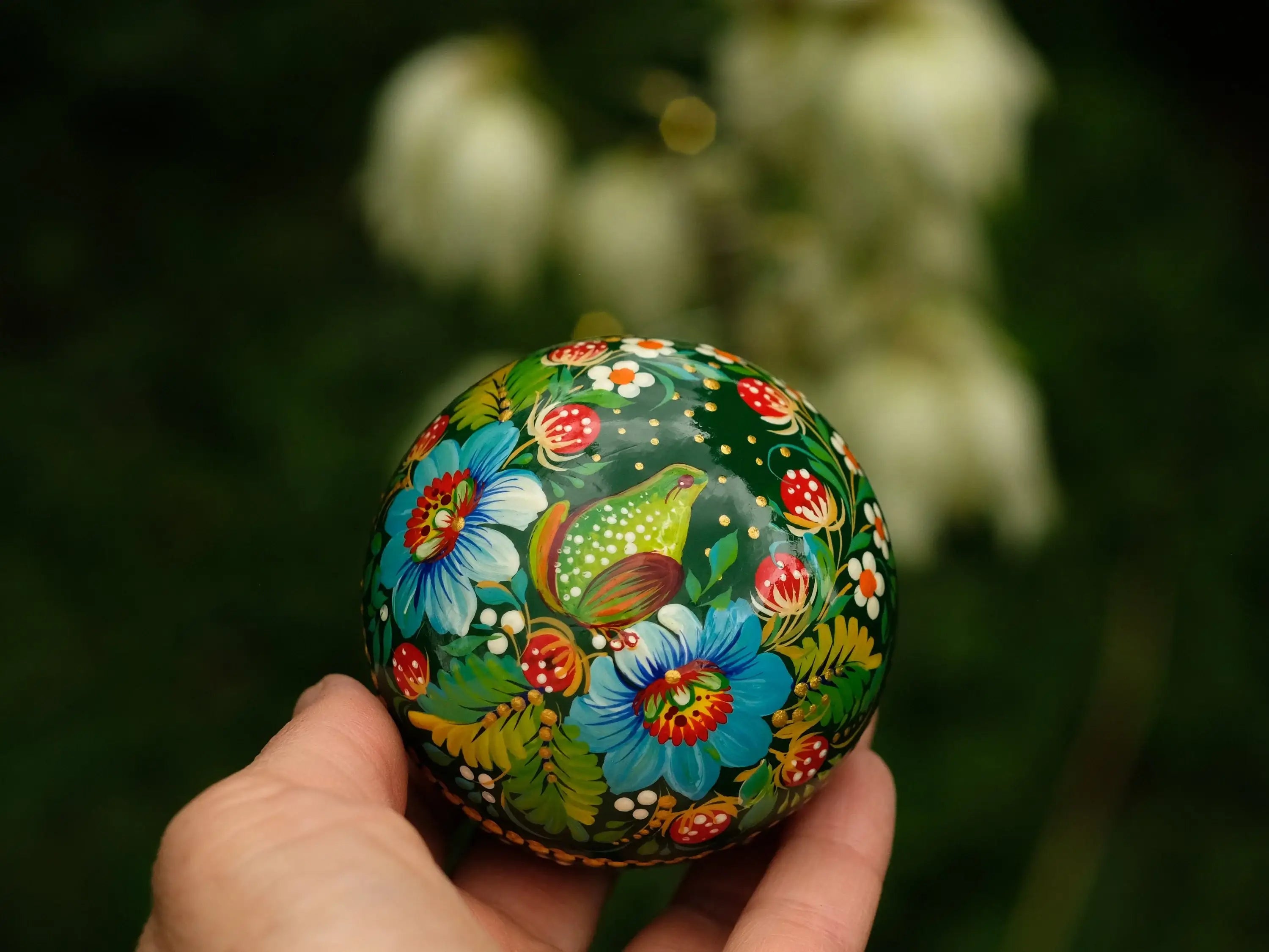 Painted Frog Wooden Jewelry Box 2.75 in - Small Earrings Box with Green Flowers Handmade in Ukraine with Petrykivka Art
