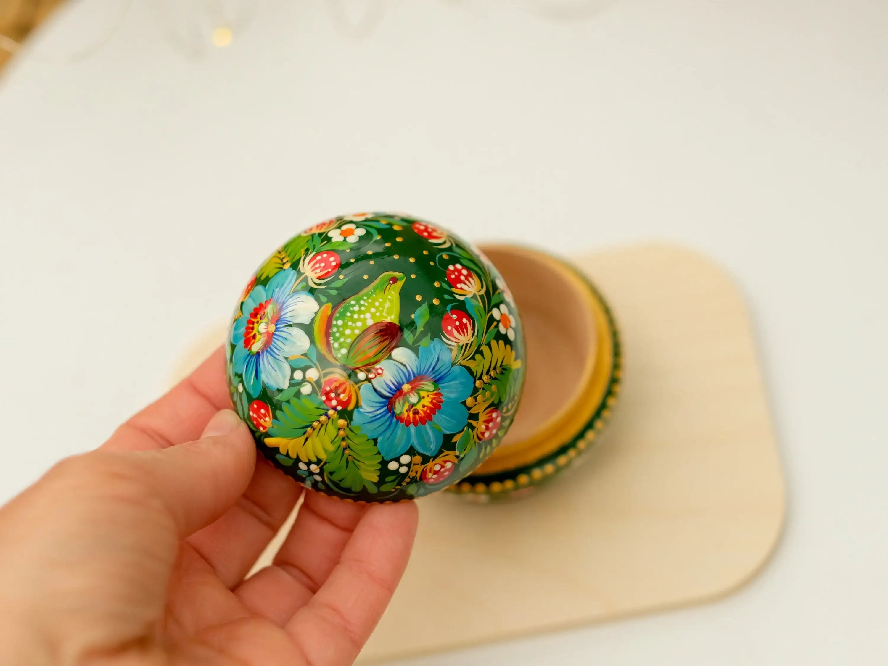 Painted Frog Wooden Jewelry Box 2.75 in - Small Earrings Box with Green Flowers Handmade in Ukraine with Petrykivka Art