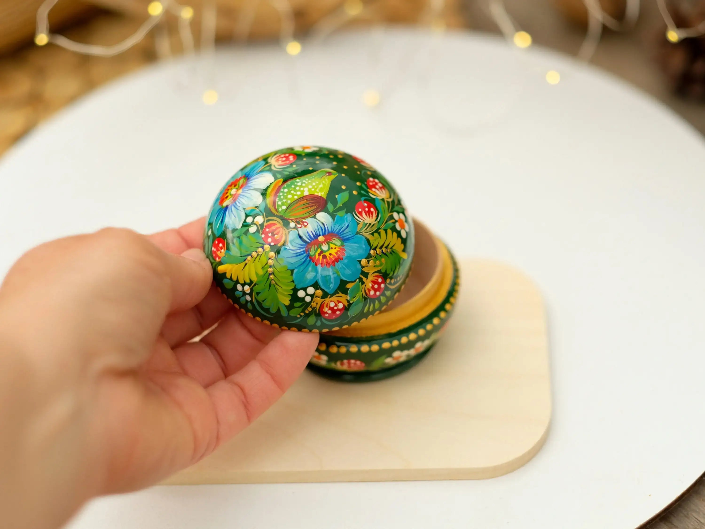 Painted Frog Wooden Jewelry Box 2.75 in - Small Earrings Box with Green Flowers Handmade in Ukraine with Petrykivka Art