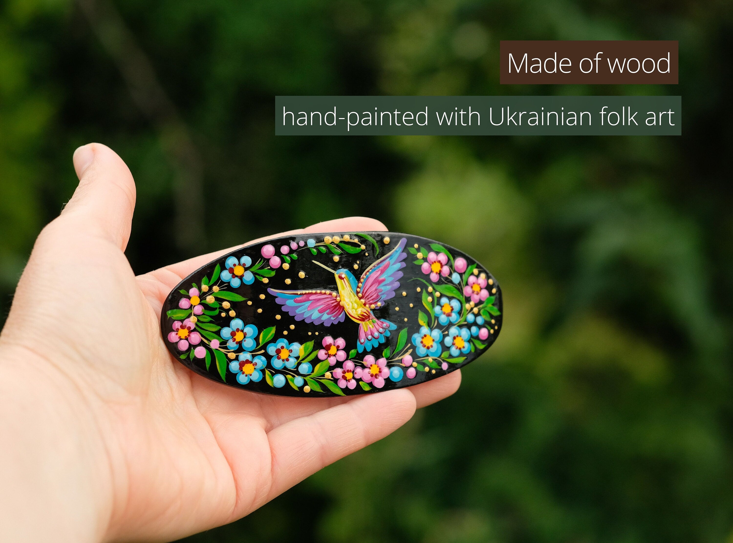 Hand-Painted Wooden Hummingbird Hair Barrette - Artisanal Petrykivka Art Oval French Hair Clip with Blue Flowers