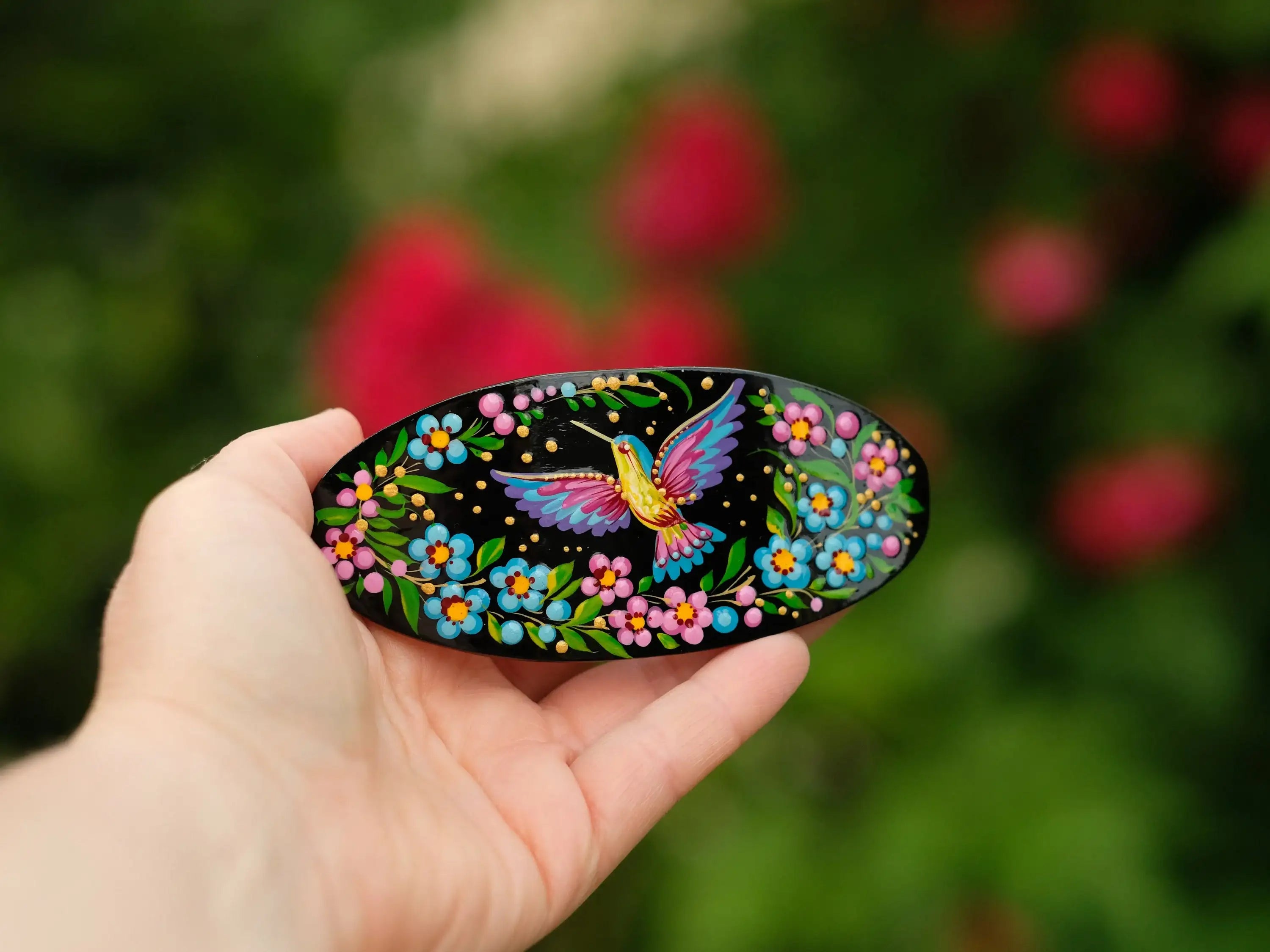 Hand-Painted Wooden Hummingbird Hair Barrette - Artisanal Petrykivka Art Oval French Hair Clip with Blue Flowers