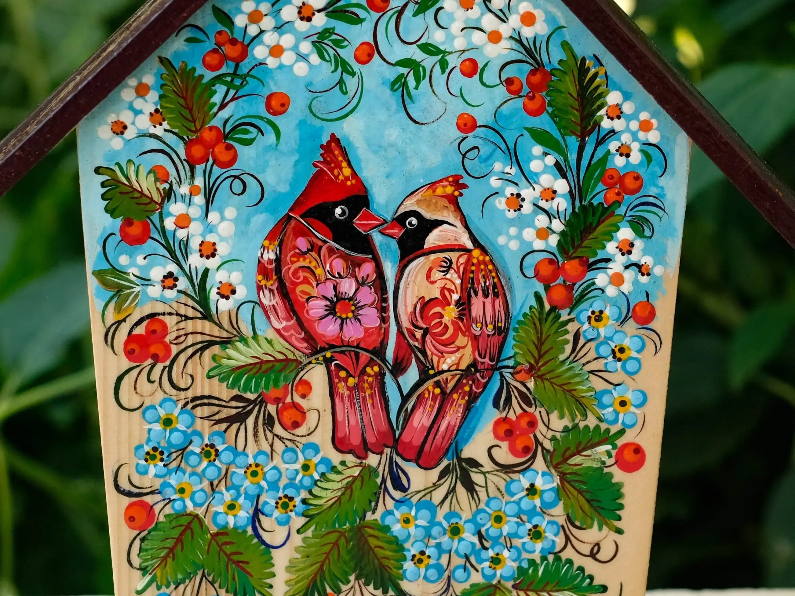 Wooden Painted Personalized Key Holder for Wall with Cardinal Couple - House-shaped Atrisanal Key Hanger for Wall, Petrykivka Art