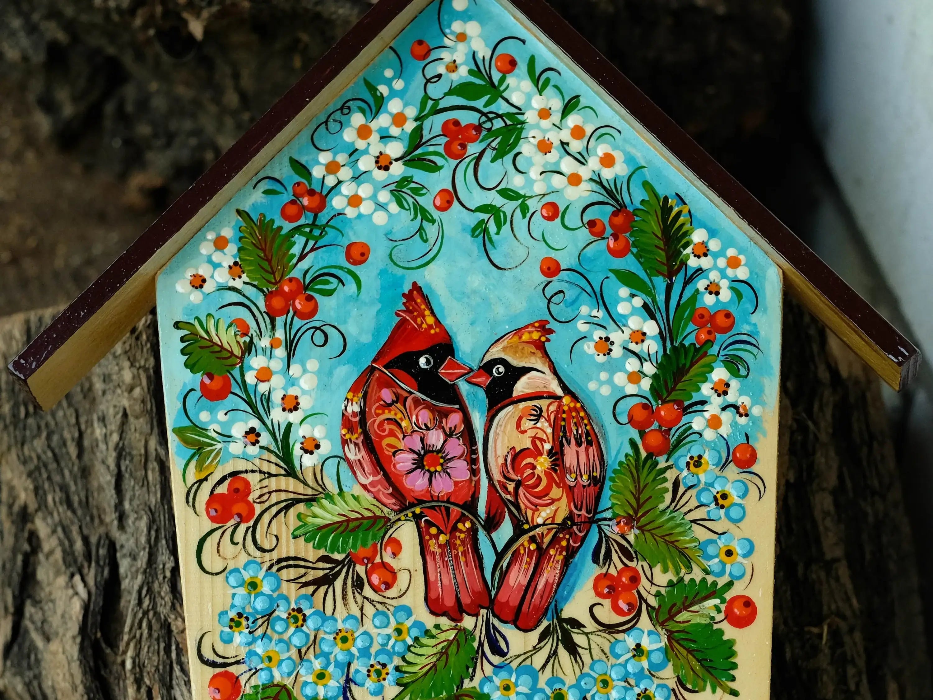 Wooden Painted Personalized Key Holder for Wall with Cardinal Couple - House-shaped Atrisanal Key Hanger for Wall, Petrykivka Art