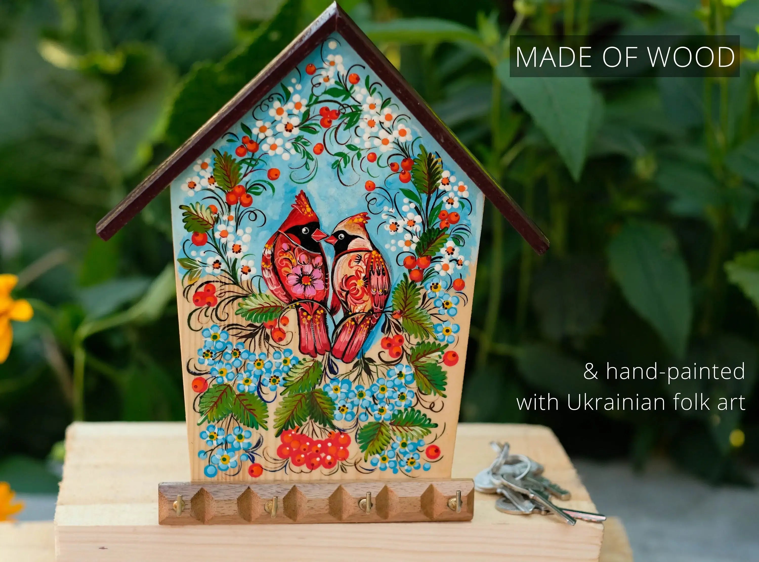 Wooden Painted Personalized Key Holder for Wall with Cardinal Couple - House-shaped Atrisanal Key Hanger for Wall, Petrykivka Art