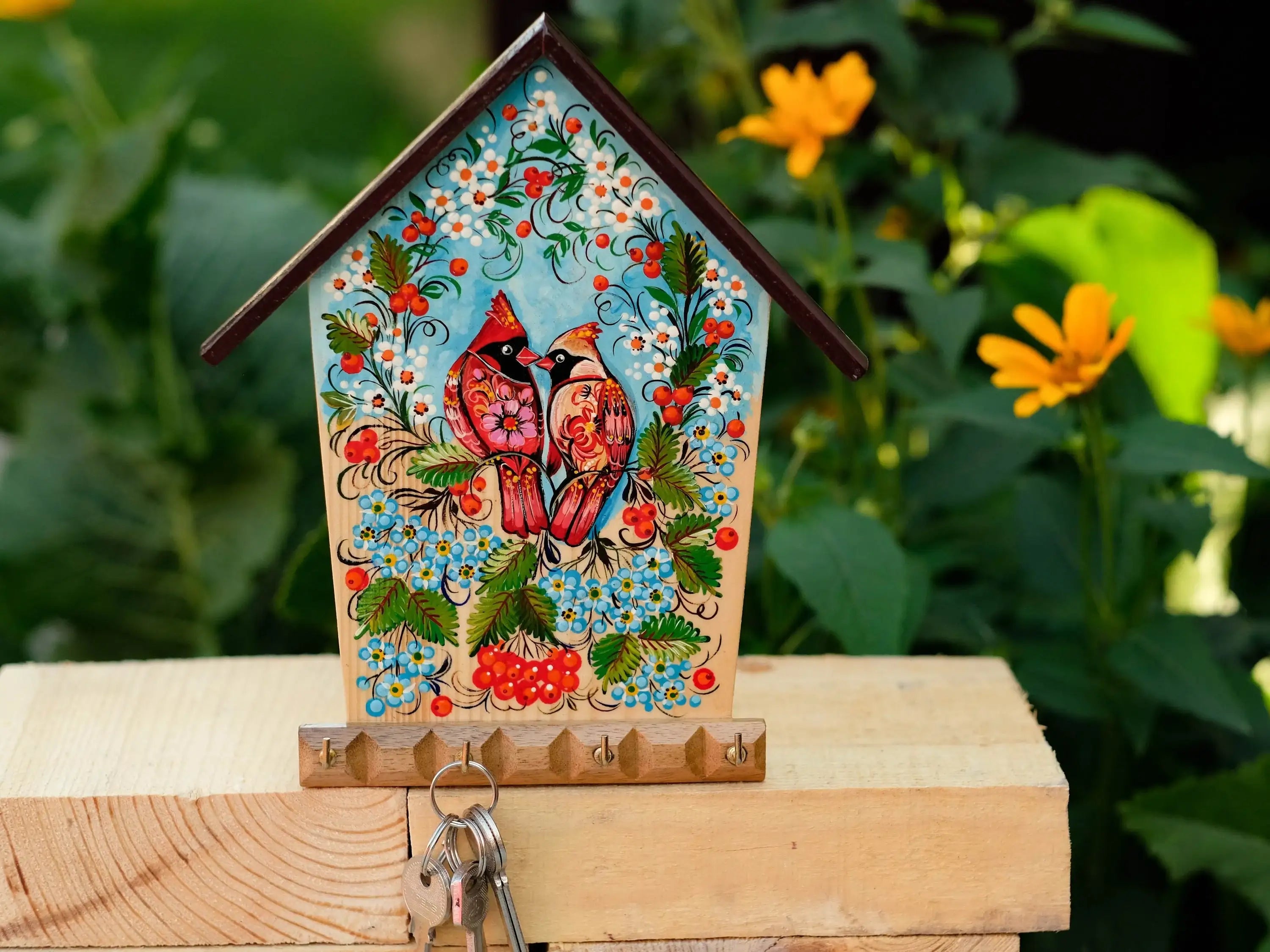 Wooden Painted Personalized Key Holder for Wall with Cardinal Couple - House-shaped Atrisanal Key Hanger for Wall, Petrykivka Art