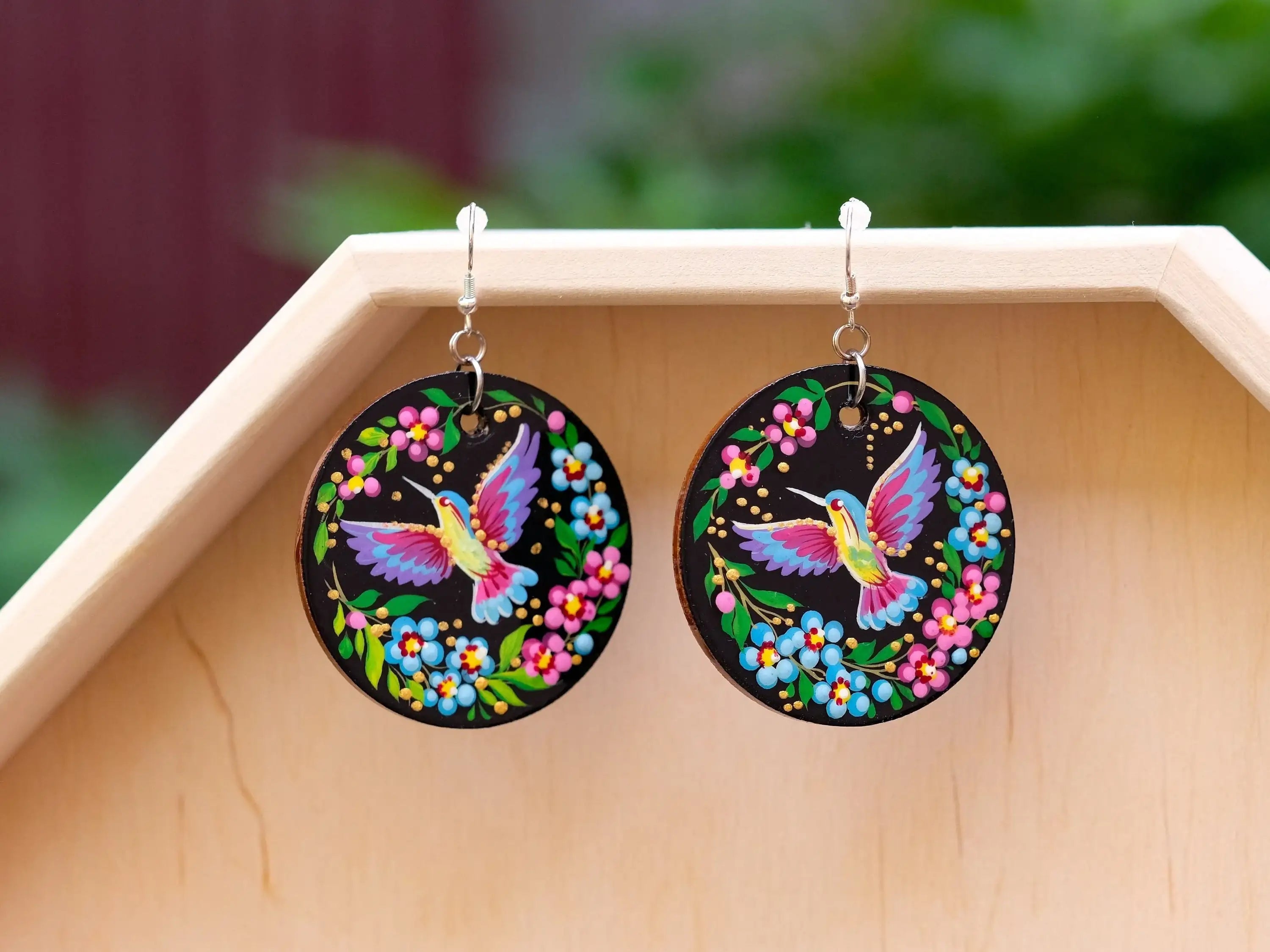 Painted Hypoallergenic Wooden Dangle Drop Hummingbird Earrings - Artisanal Large Circle Statement Earrings