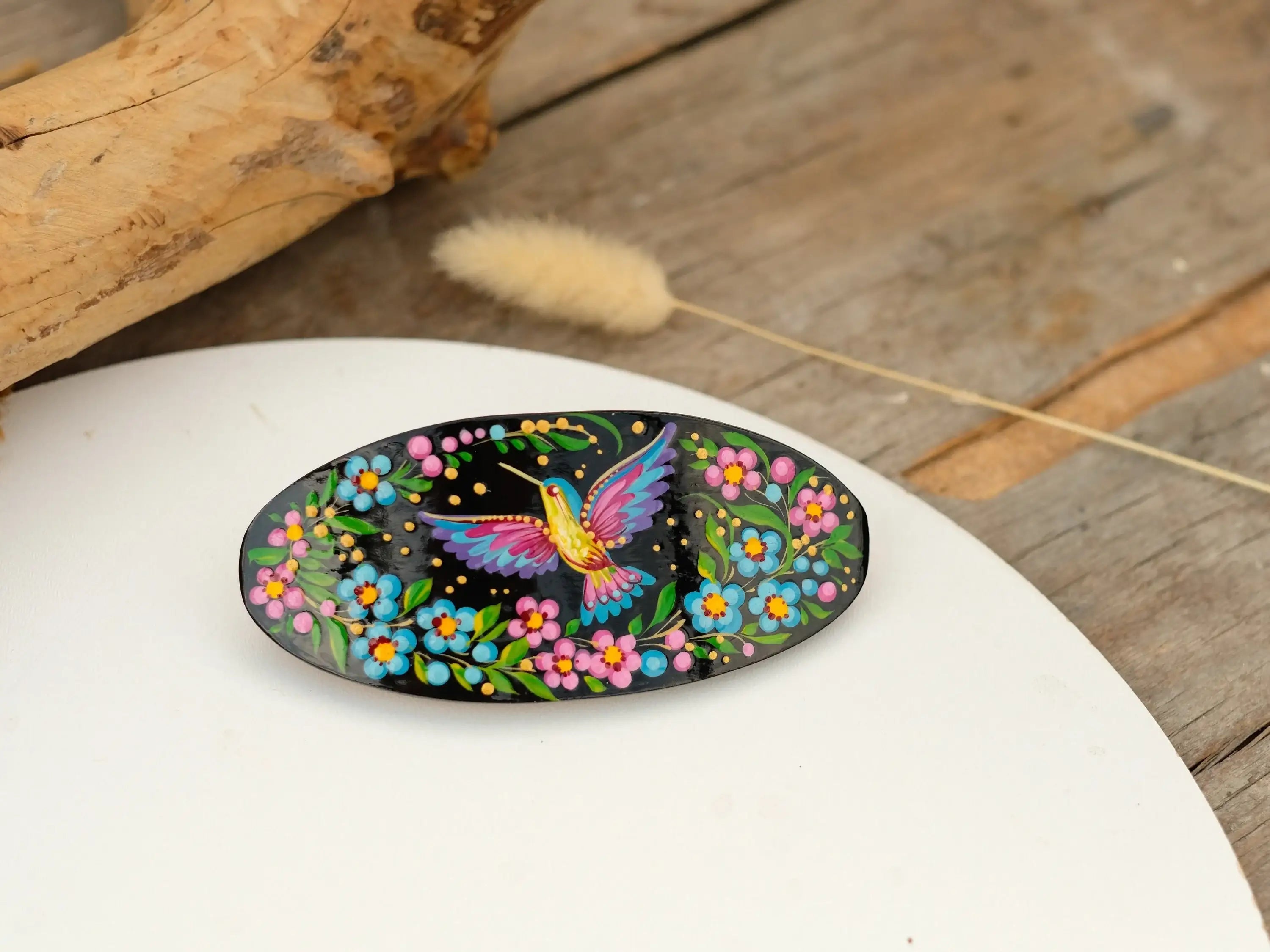Hand-Painted Wooden Hummingbird Hair Barrette - Artisanal Petrykivka Art Oval French Hair Clip with Blue Flowers