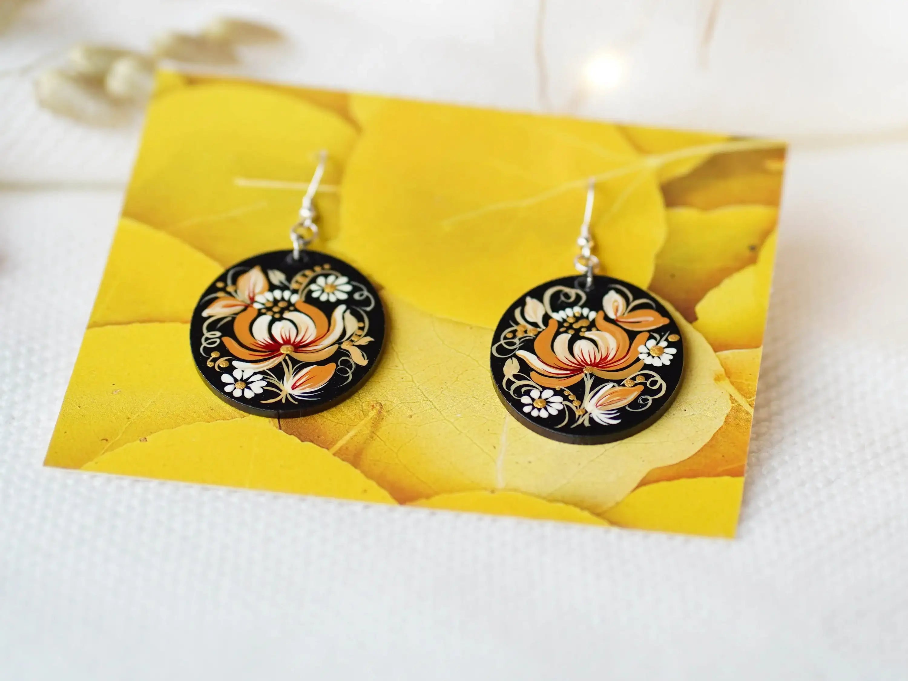 Hypoallergenic Wooden Painted Earrings - Artisanal Dangle Drop Beige Flower Oval Statement Earrings