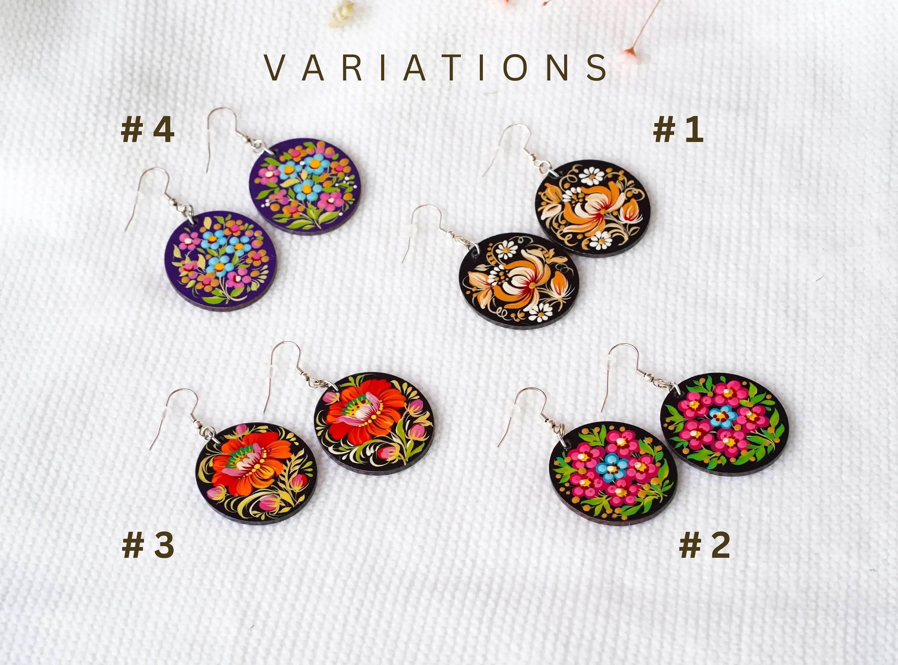 Hypoallergenic Wooden Painted Earrings - Artisanal Dangle Drop Beige Flower Oval Statement Earrings