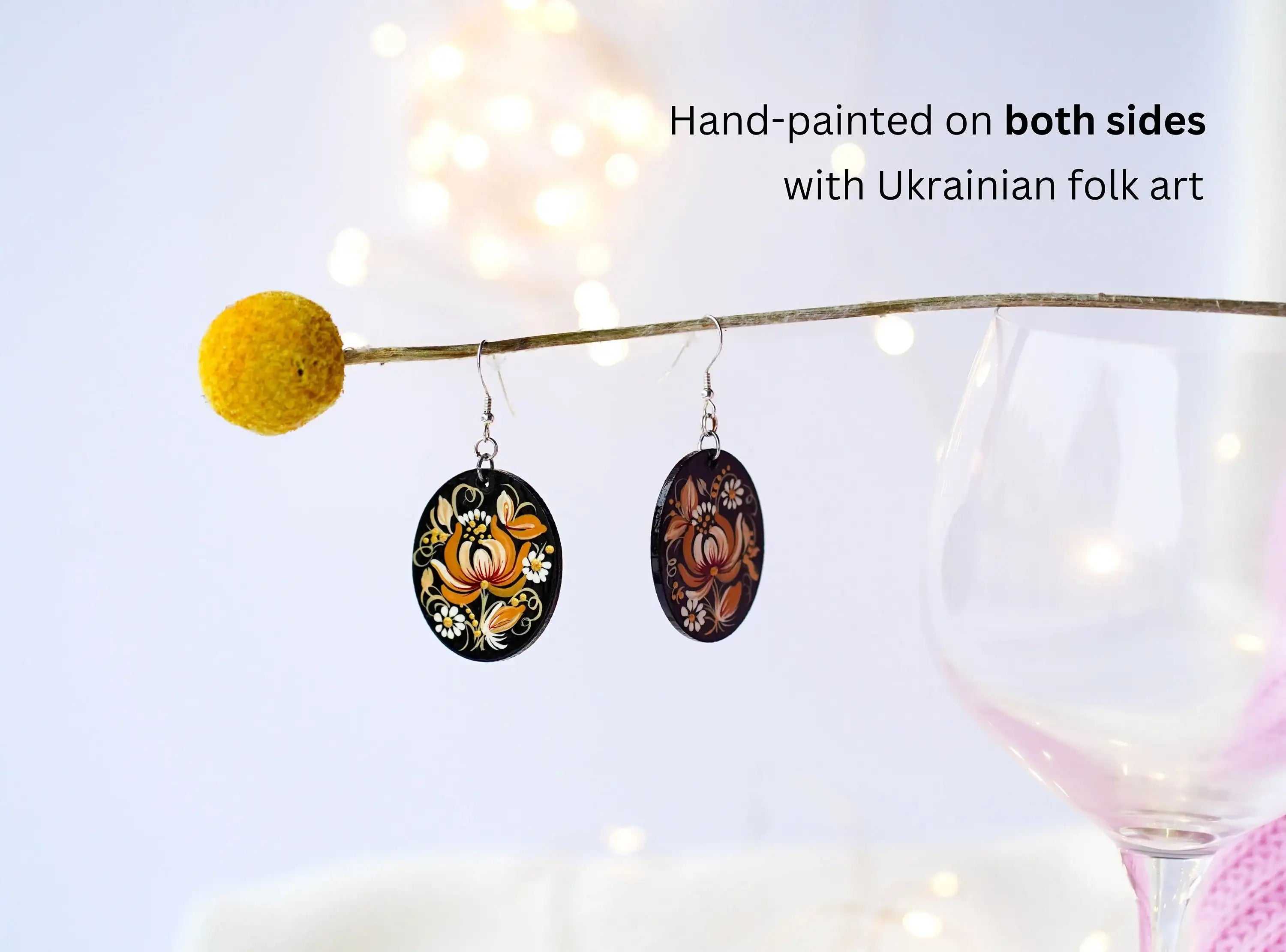 Hypoallergenic Wooden Painted Earrings - Artisanal Dangle Drop Beige Flower Oval Statement Earrings