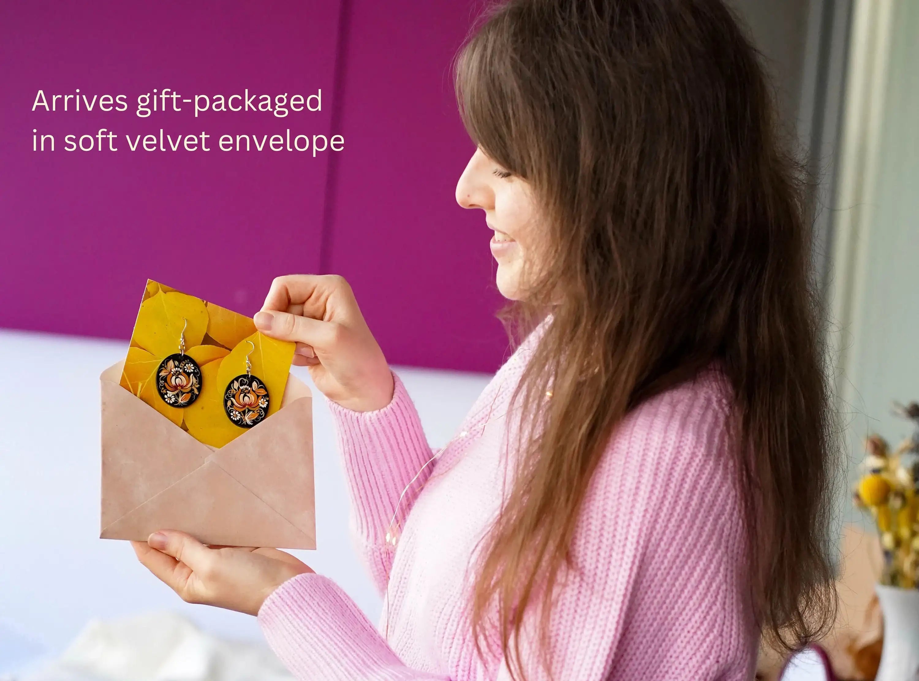 Hypoallergenic Wooden Painted Earrings - Artisanal Dangle Drop Beige Flower Oval Statement Earrings