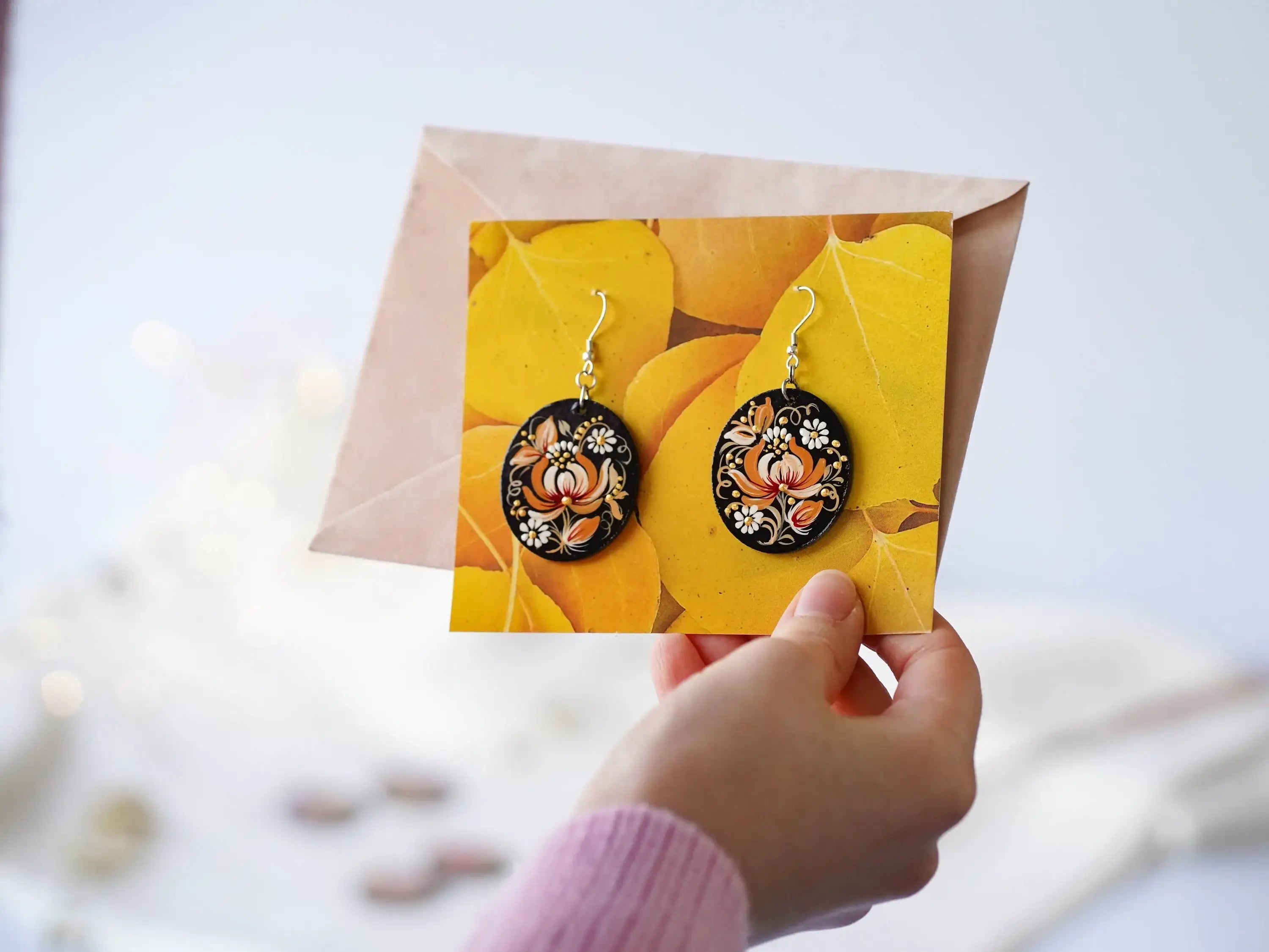 Hypoallergenic Wooden Painted Earrings - Artisanal Dangle Drop Beige Flower Oval Statement Earrings