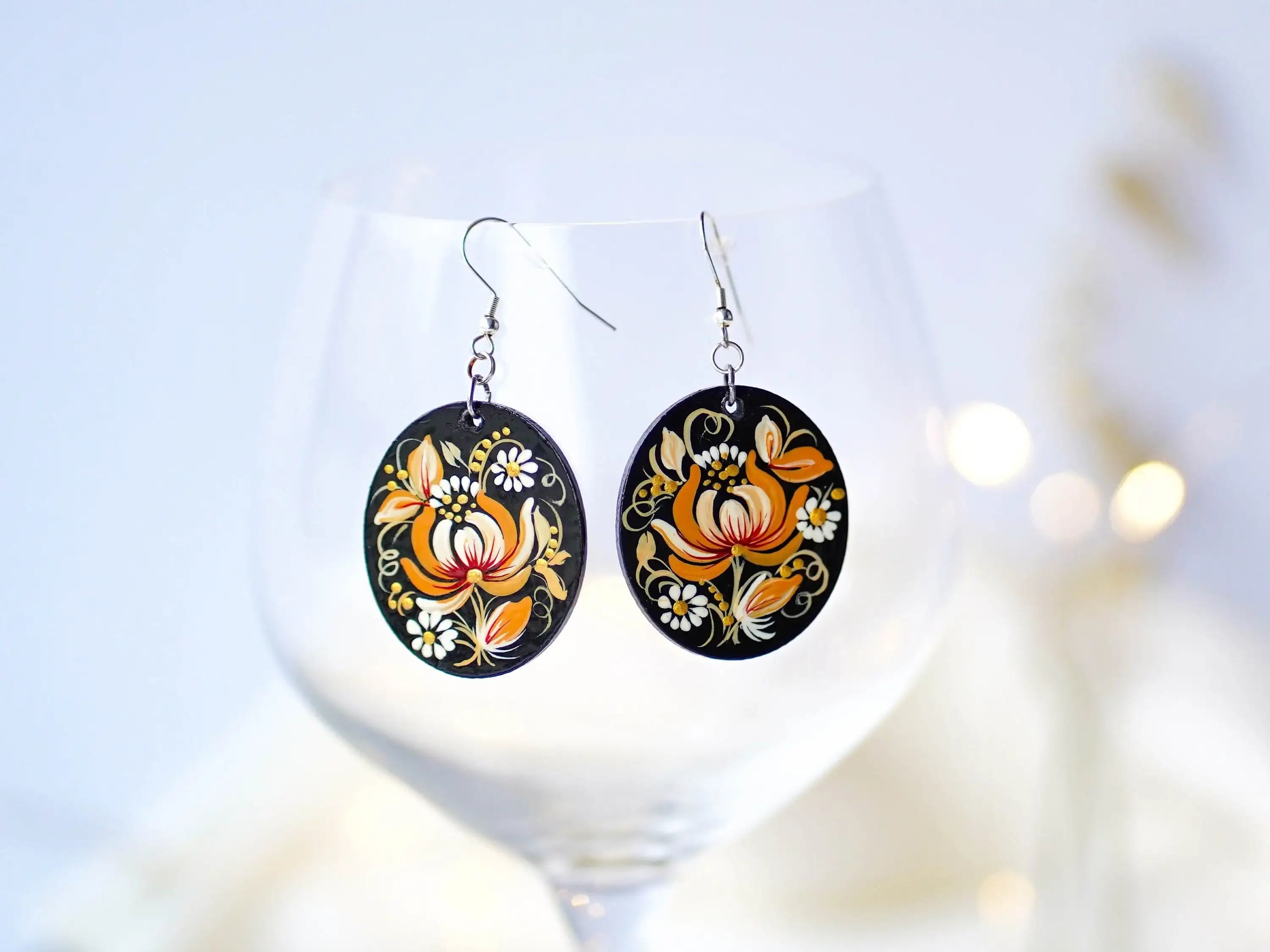 Hypoallergenic Wooden Painted Earrings - Artisanal Dangle Drop Beige Flower Oval Statement Earrings