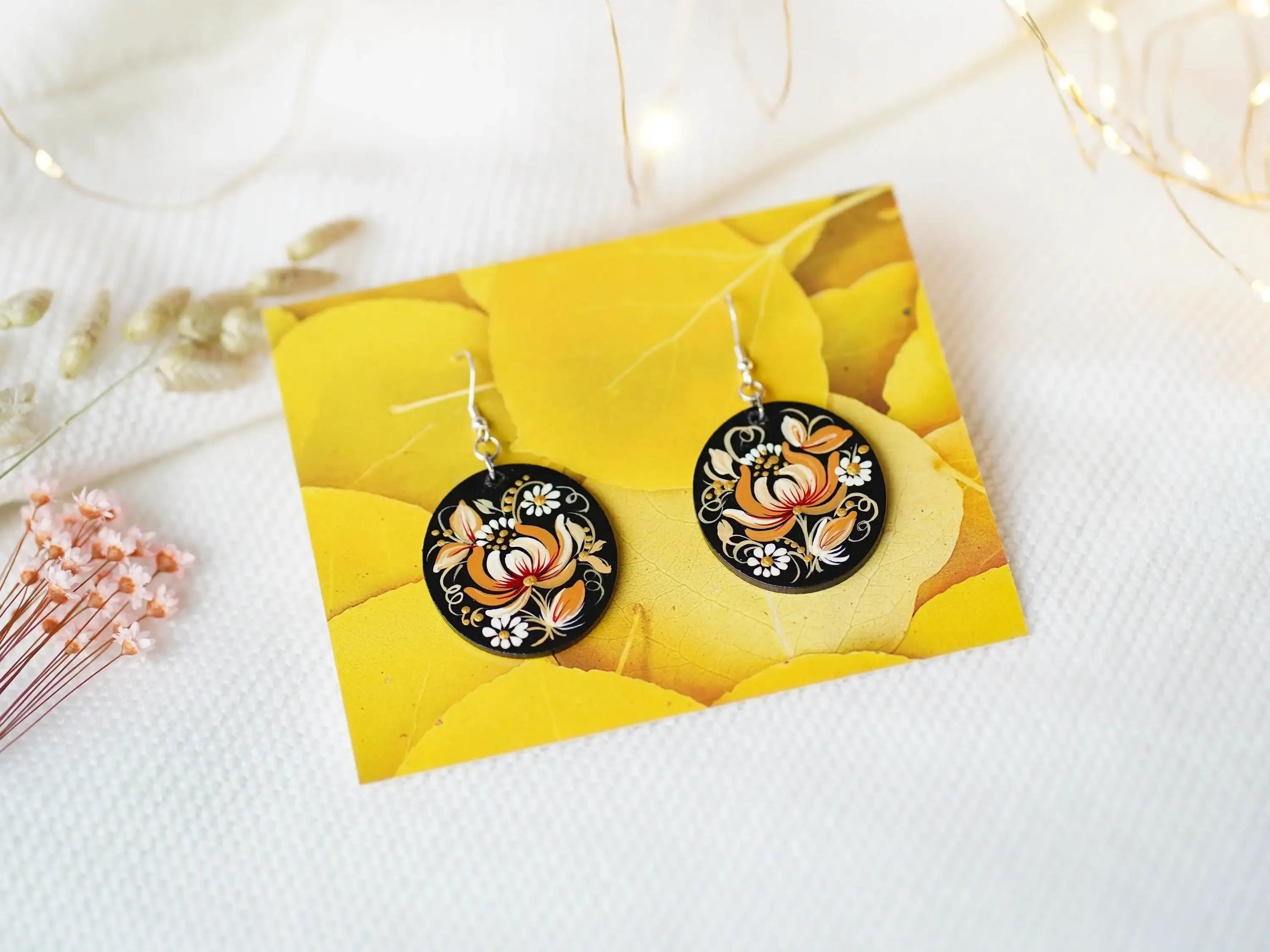 Hypoallergenic Wooden Painted Earrings - Artisanal Dangle Drop Beige Flower Oval Statement Earrings