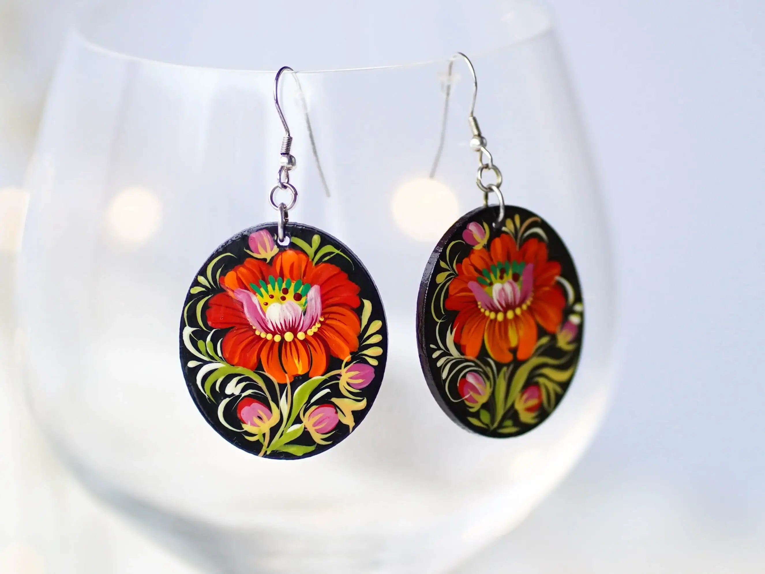 Hypoallergenic Painted Wooden Dangle Drop Earrings - Oval Orange Flower Earrings, Petrykivka Art