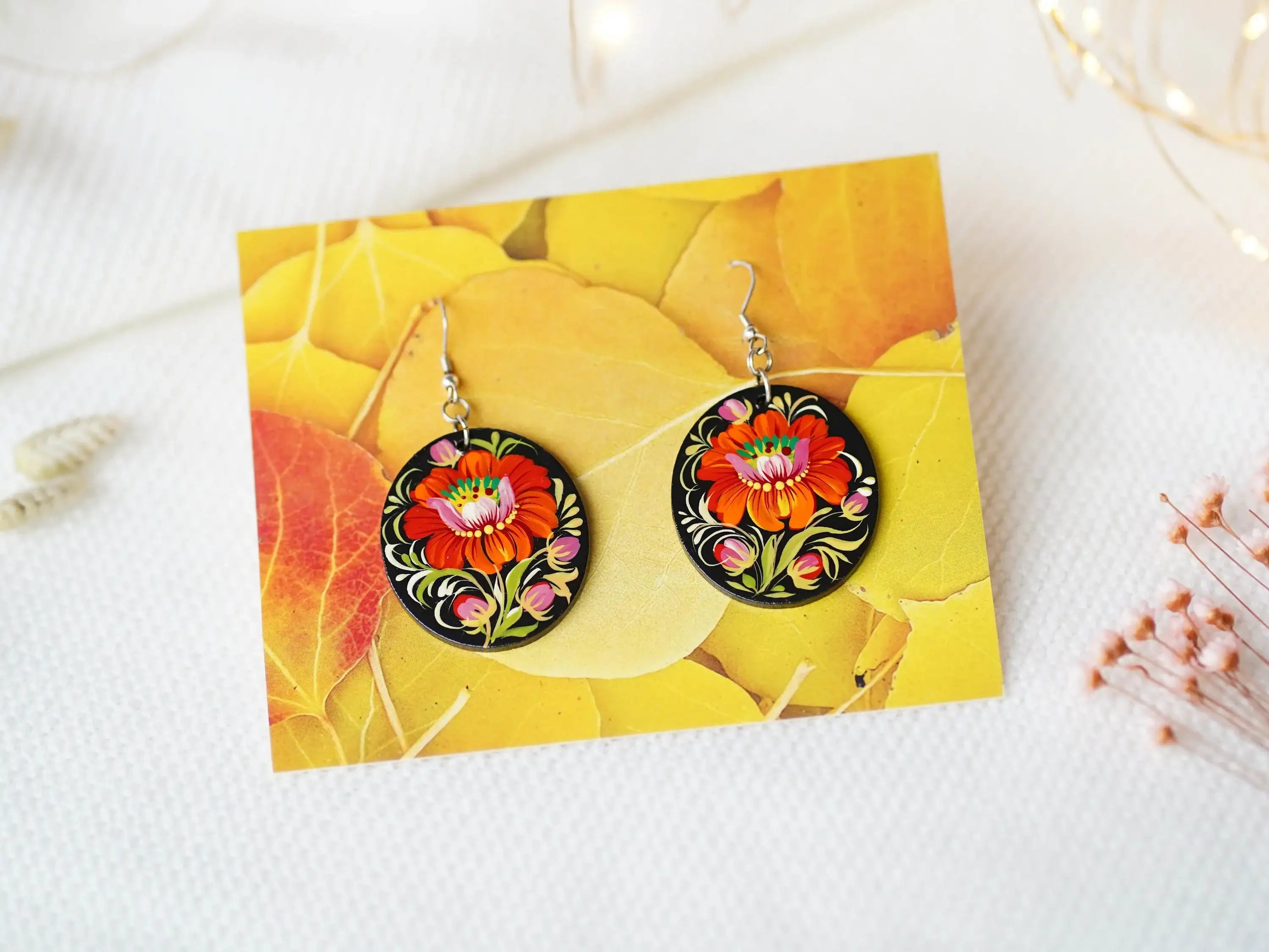 Hypoallergenic Painted Wooden Dangle Drop Earrings - Oval Orange Flower Earrings, Petrykivka Art