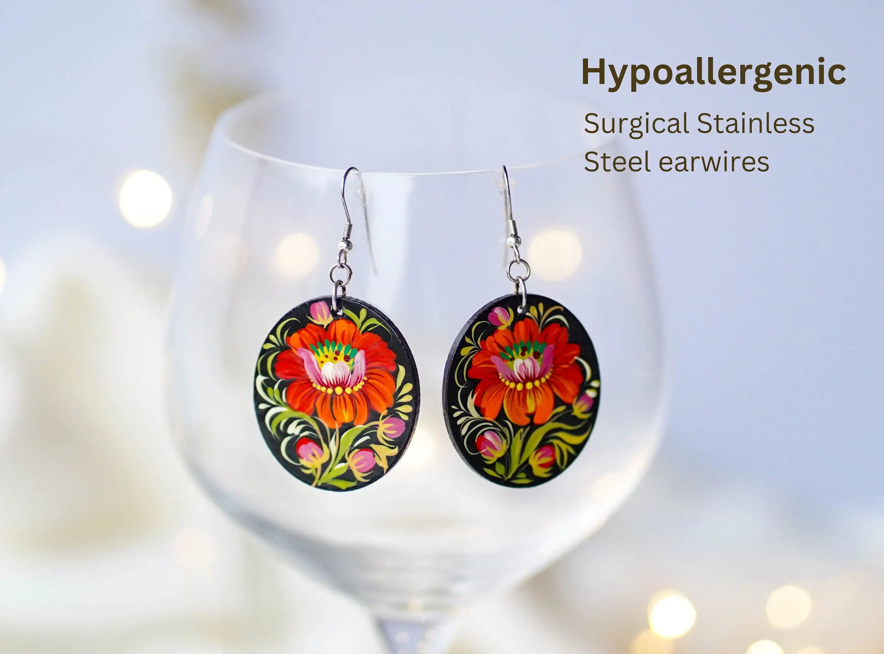 Hypoallergenic Painted Wooden Dangle Drop Earrings - Oval Orange Flower Earrings, Petrykivka Art