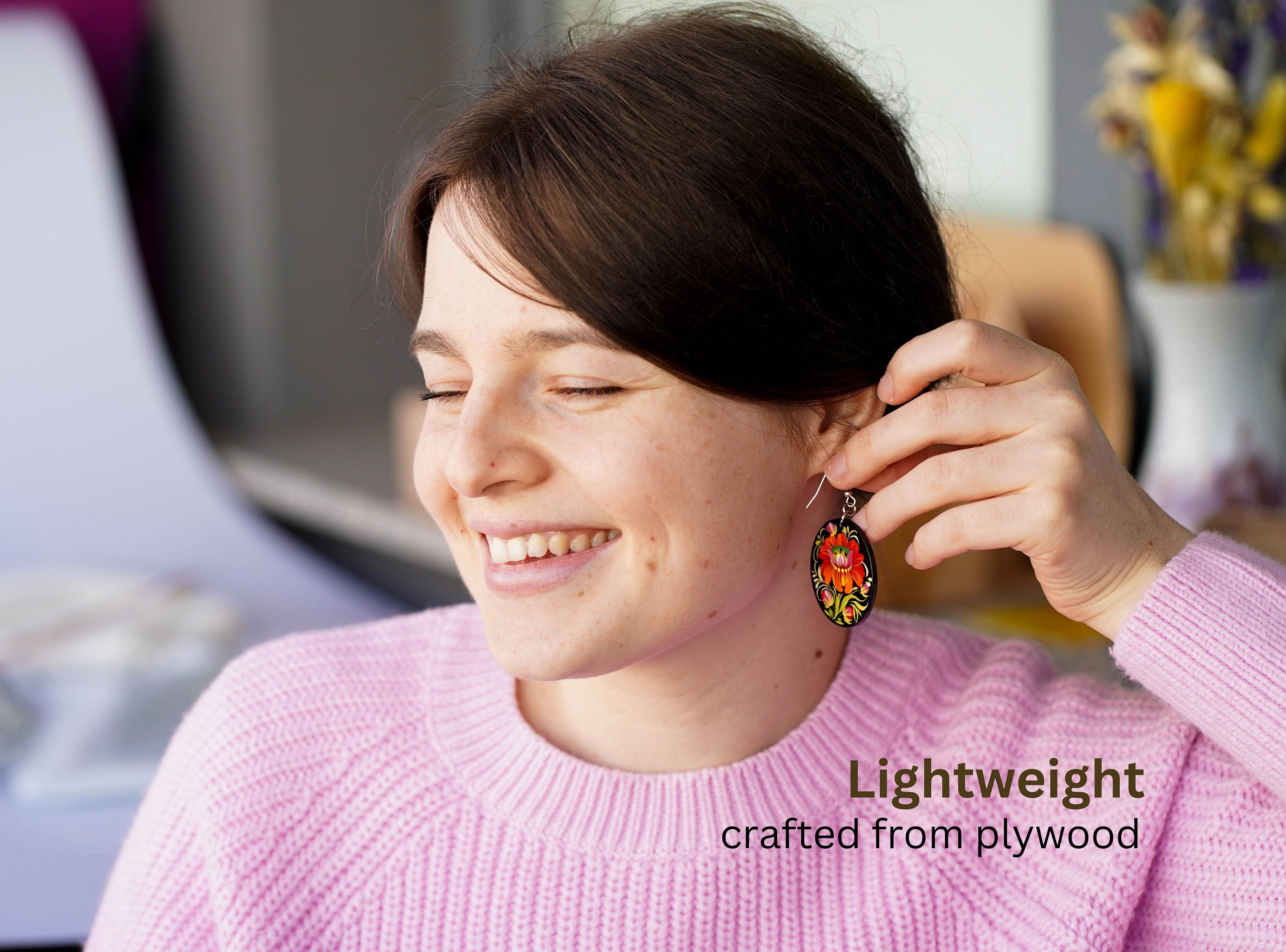 Hypoallergenic Painted Wooden Dangle Drop Earrings - Oval Orange Flower Earrings, Petrykivka Art