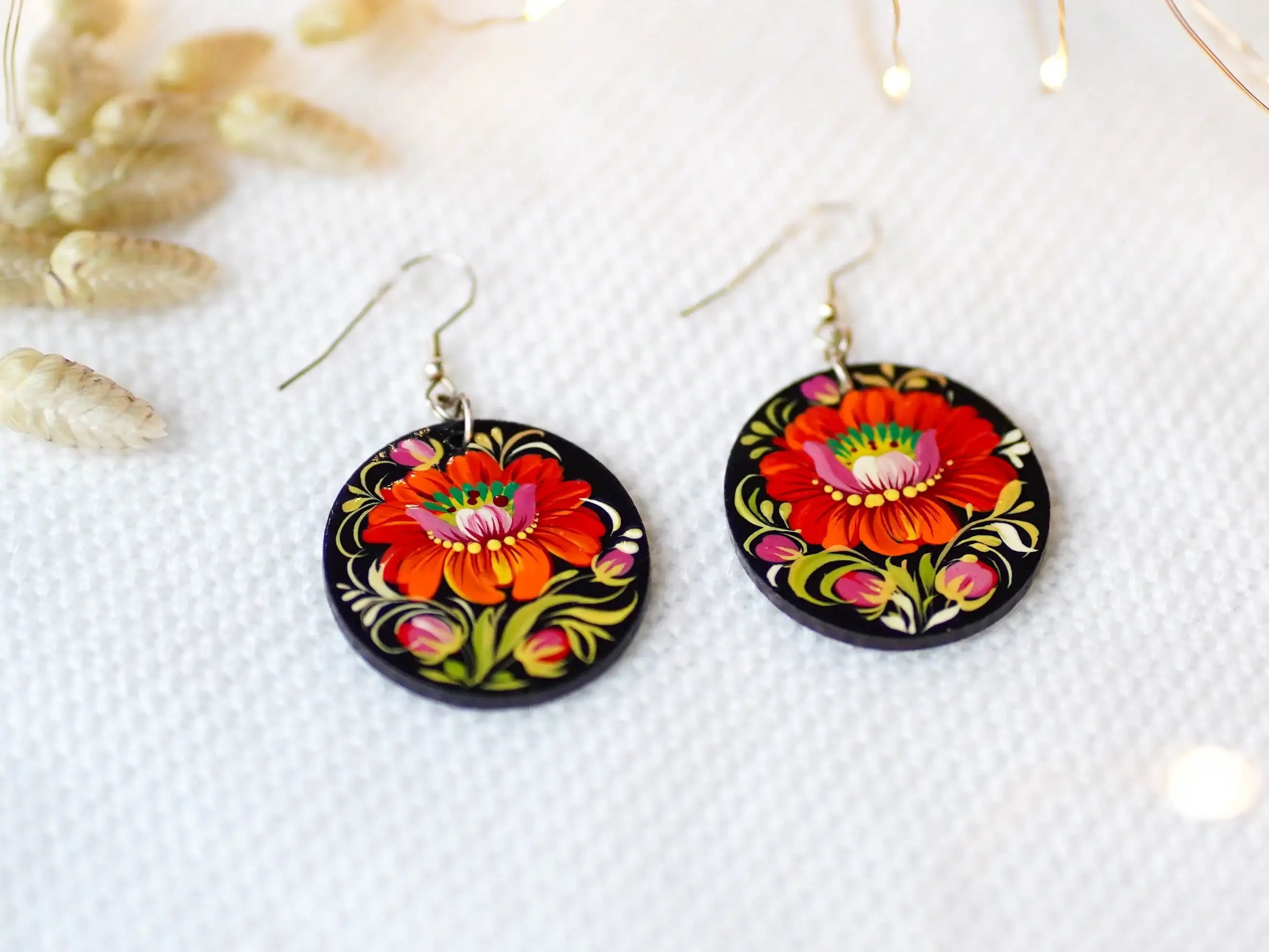 Hypoallergenic Painted Wooden Dangle Drop Earrings - Oval Orange Flower Earrings, Petrykivka Art