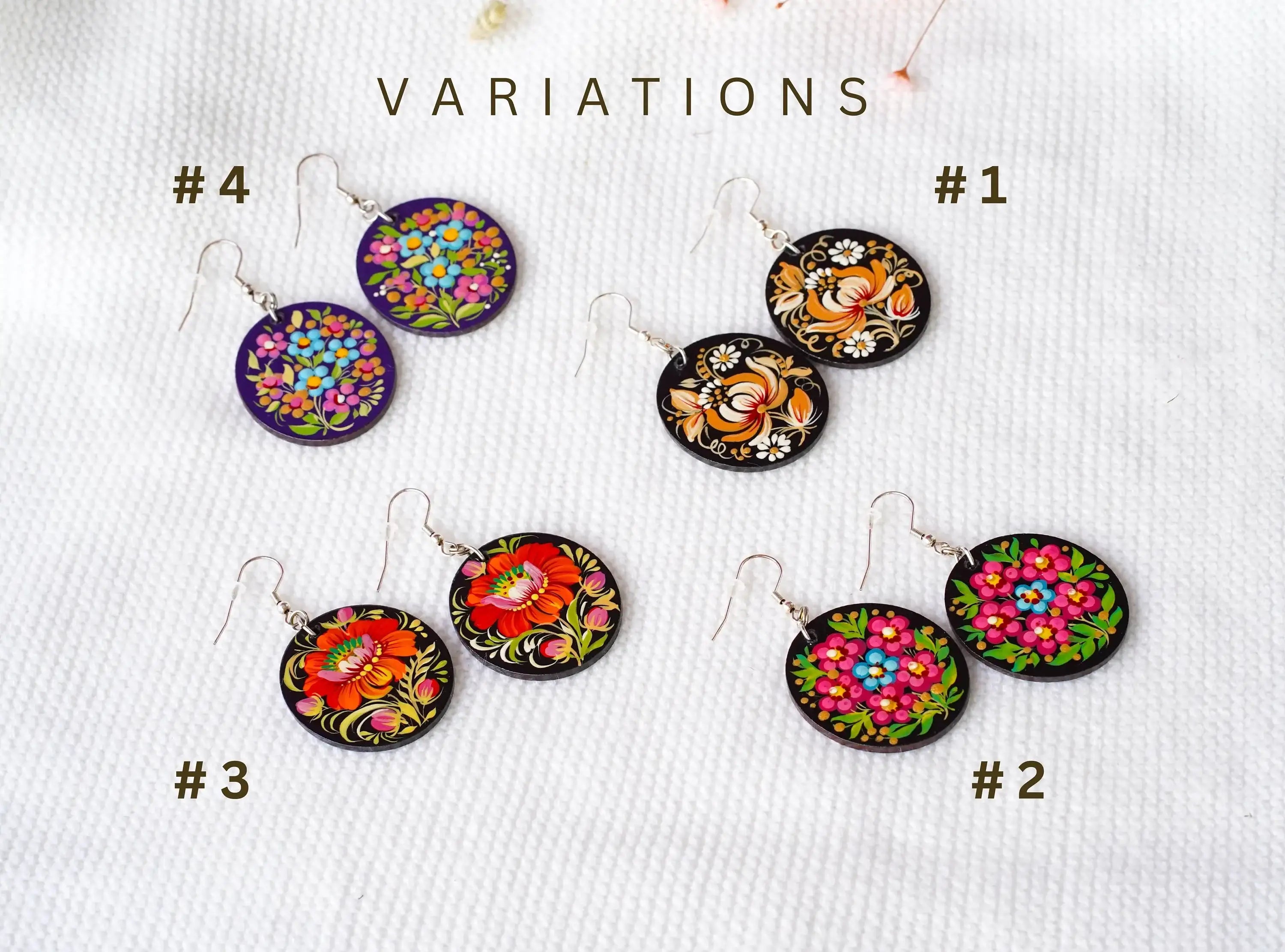 Hypoallergenic Painted Wooden Dangle Drop Earrings - Oval Orange Flower Earrings, Petrykivka Art