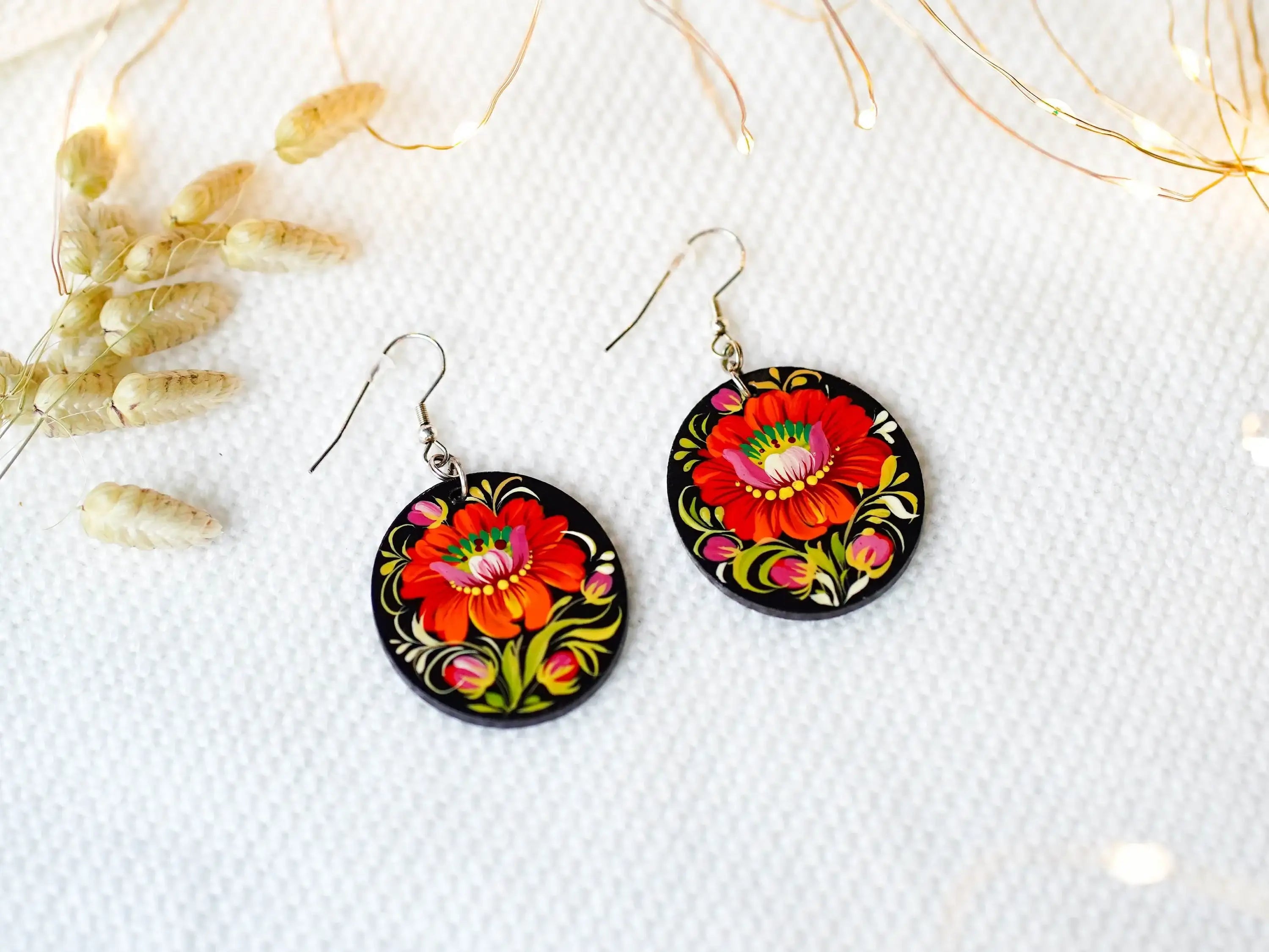 Hypoallergenic Painted Wooden Dangle Drop Earrings - Oval Orange Flower Earrings, Petrykivka Art