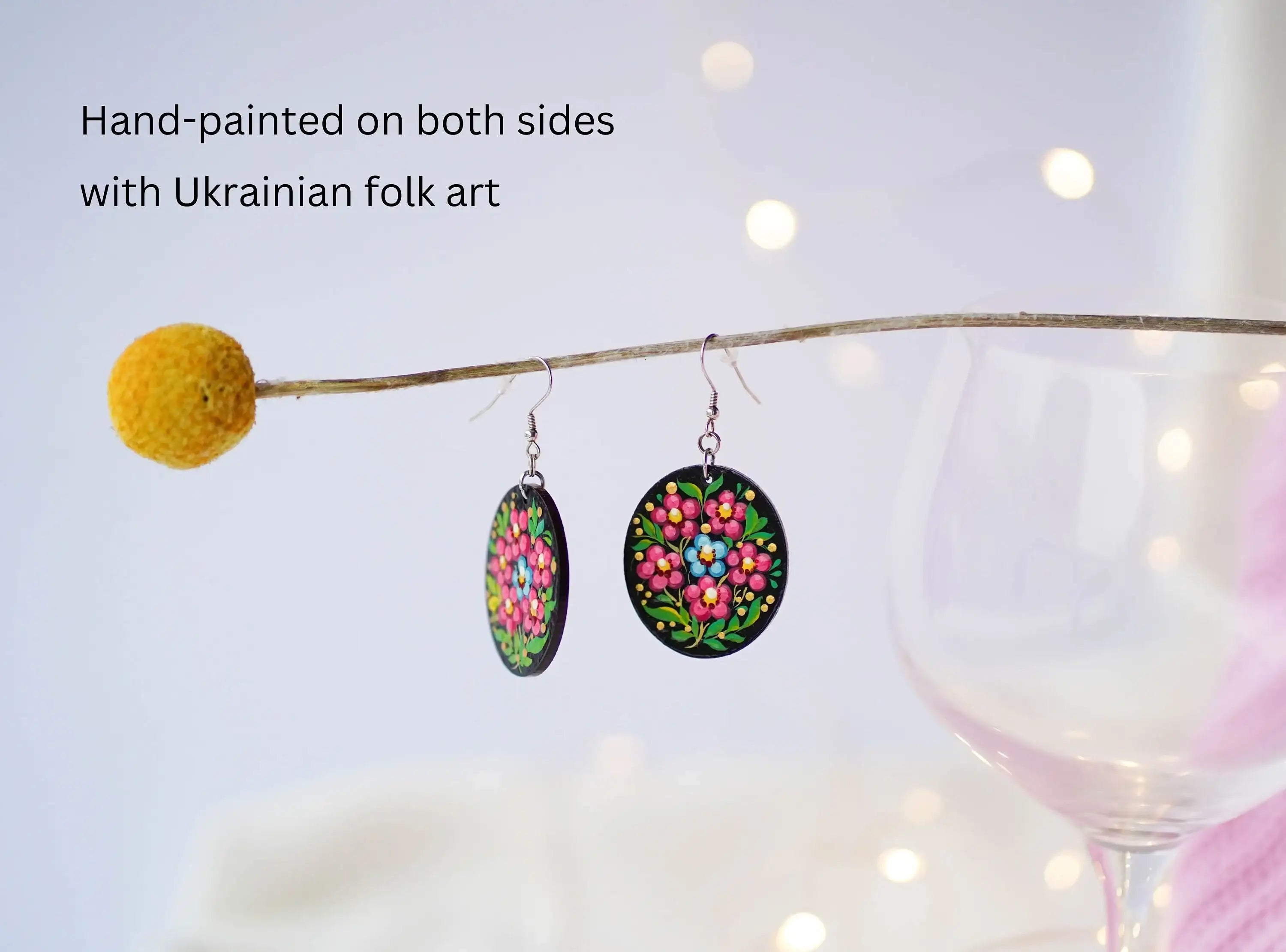 Hypoallergenic Painted Cherry Blossom Wooden Dangle Earrings - Cherry Blossom Oval Statement Earrings