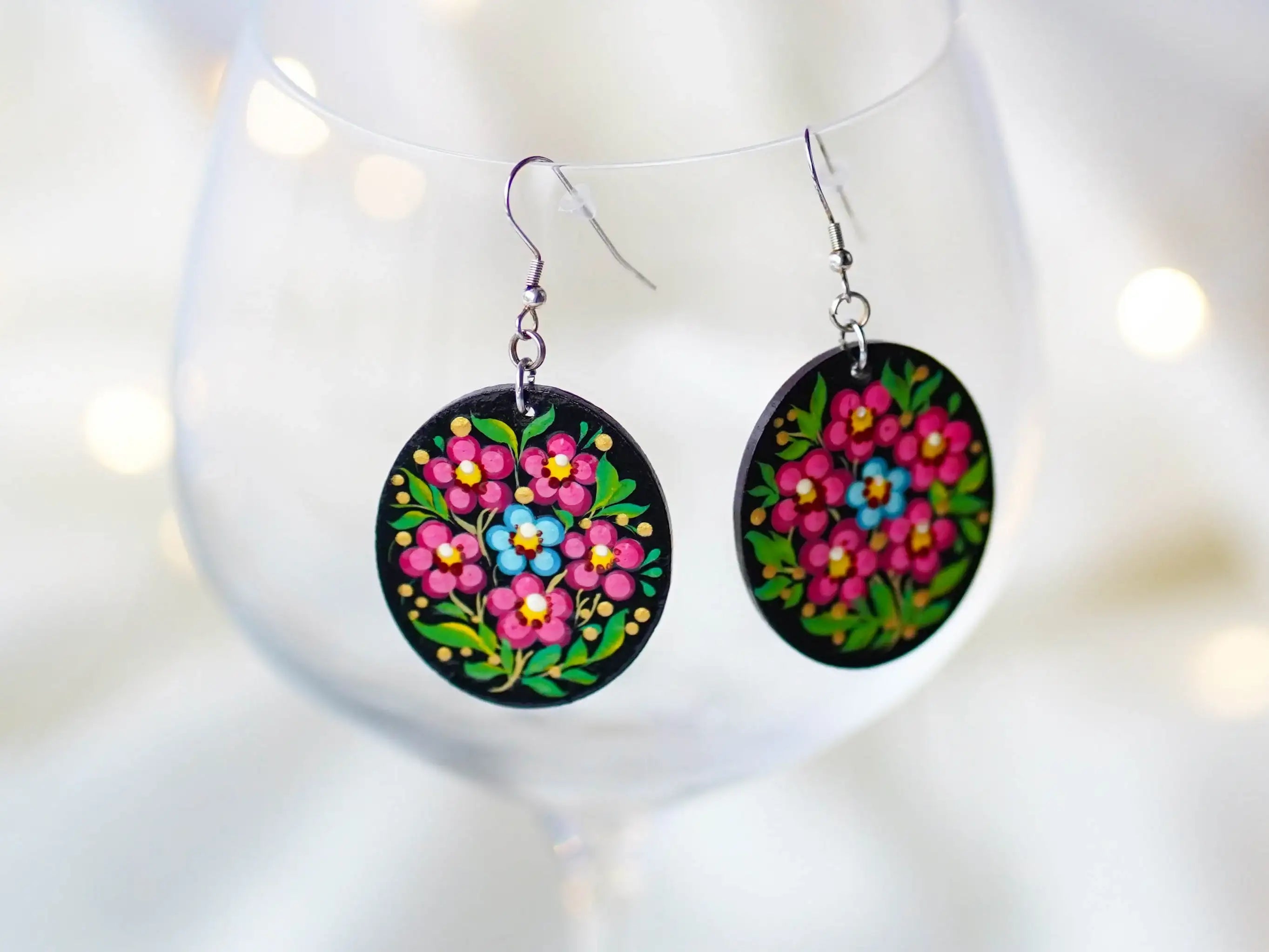 Hypoallergenic Painted Cherry Blossom Wooden Dangle Earrings - Cherry Blossom Oval Statement Earrings