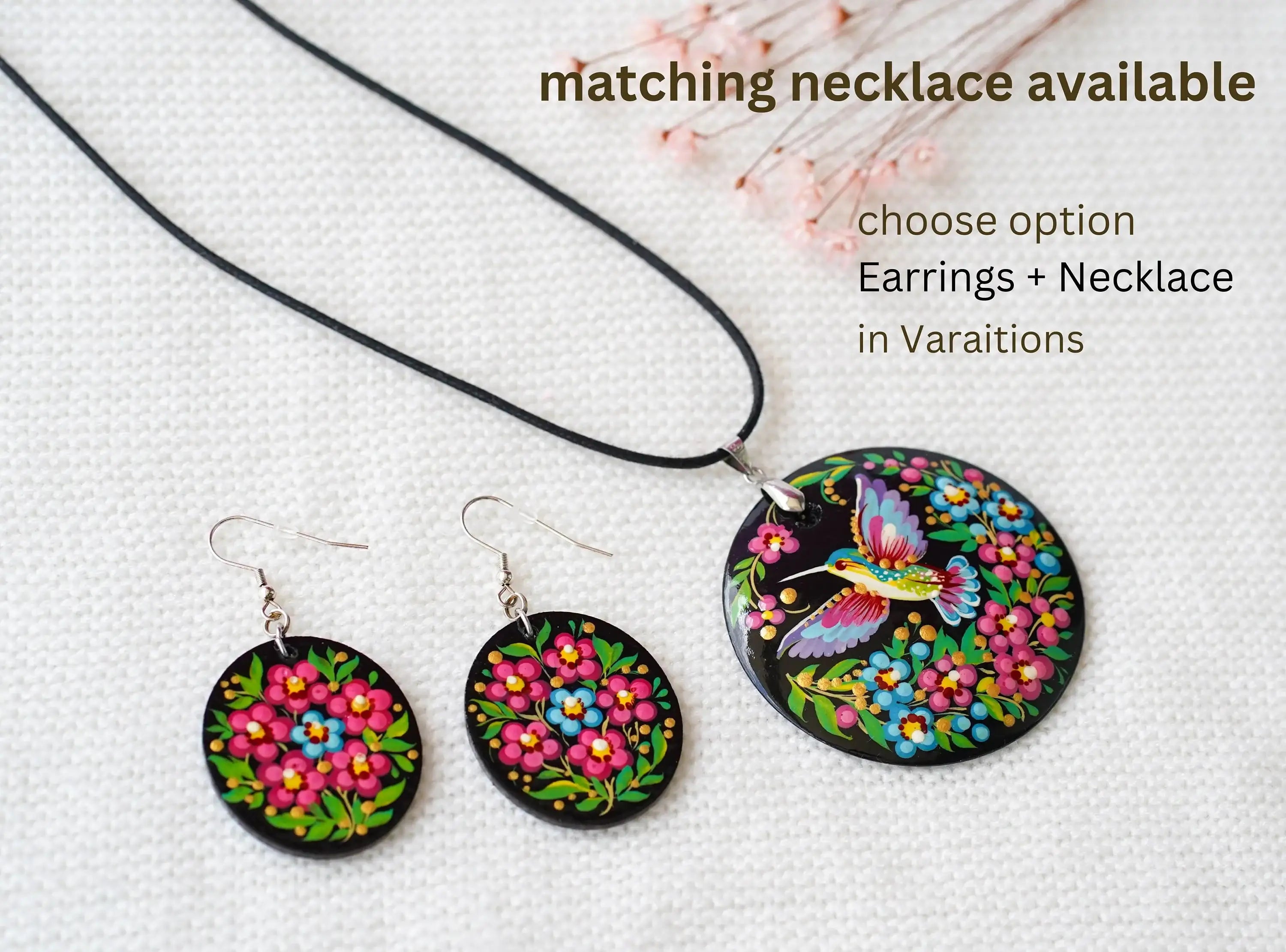 Hypoallergenic Painted Cherry Blossom Wooden Dangle Earrings - Cherry Blossom Oval Statement Earrings