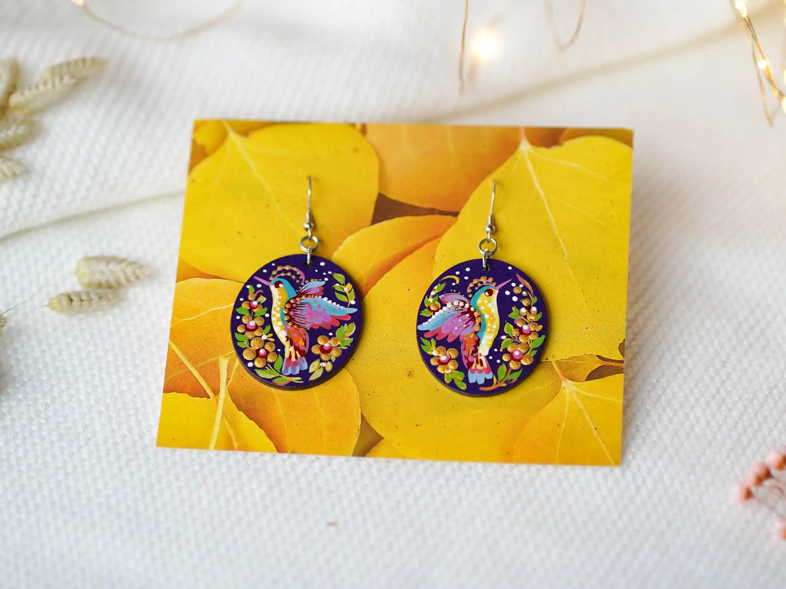 Hypoallergenic Wooden Painted Hummingbird Earrings - Artisanal Dangle Drop Purple Oval Statement Earrings