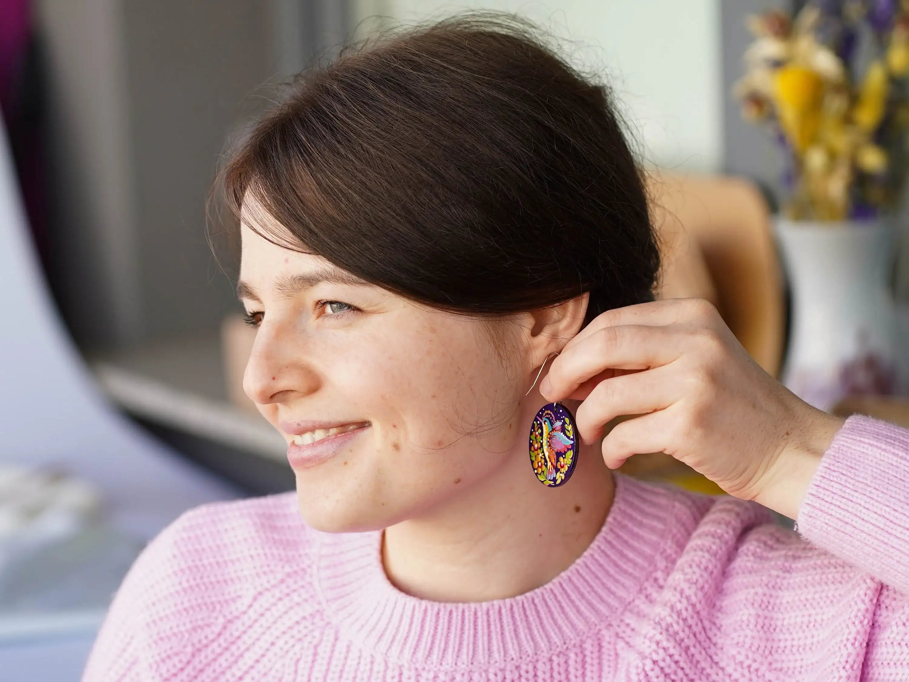 Hypoallergenic Wooden Painted Hummingbird Earrings - Artisanal Dangle Drop Purple Oval Statement Earrings