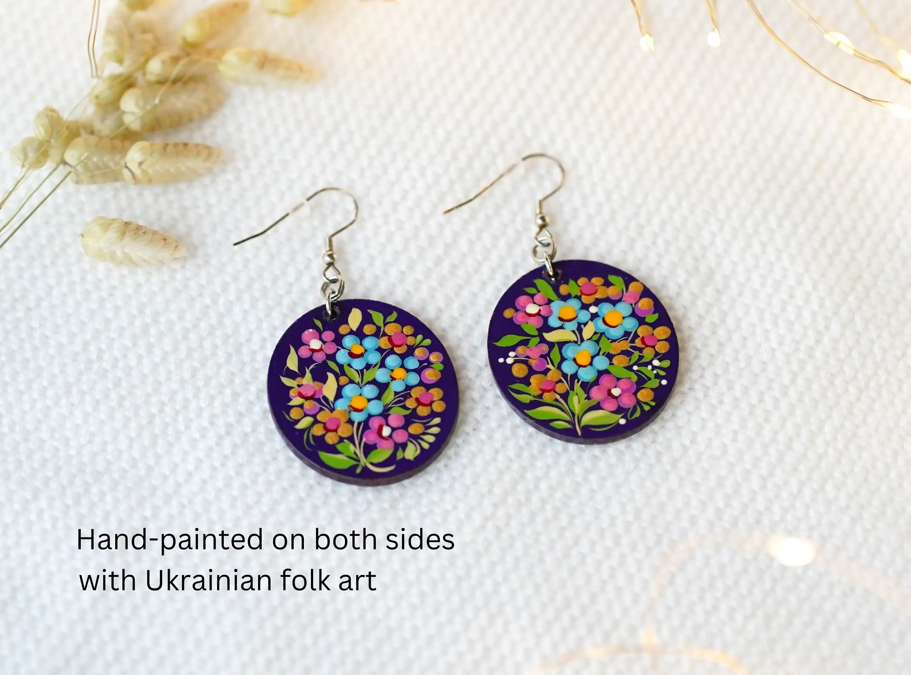 Hypoallergenic Wooden Painted Hummingbird Earrings - Artisanal Dangle Drop Purple Oval Statement Earrings