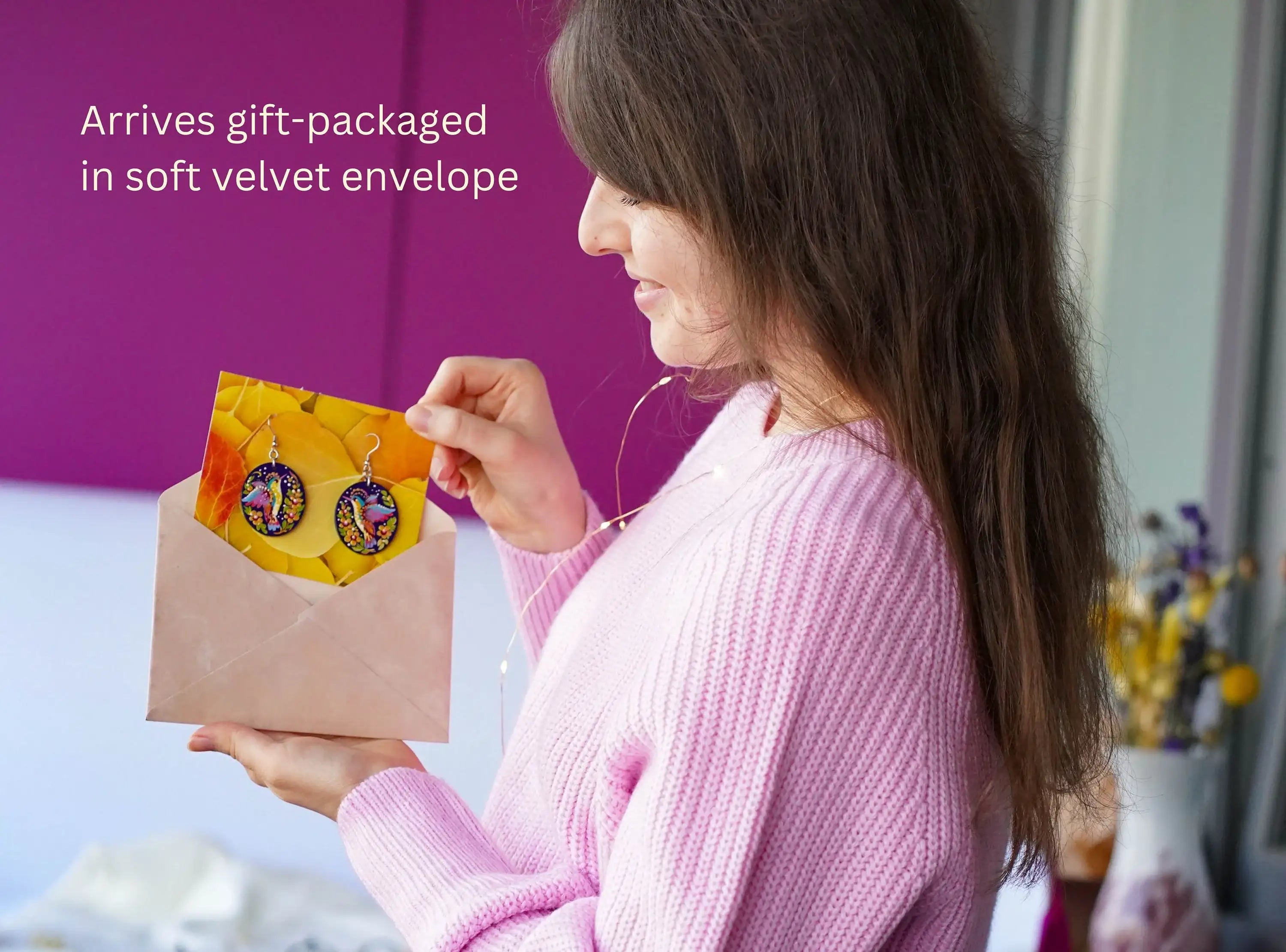 Hypoallergenic Wooden Painted Hummingbird Earrings - Artisanal Dangle Drop Purple Oval Statement Earrings