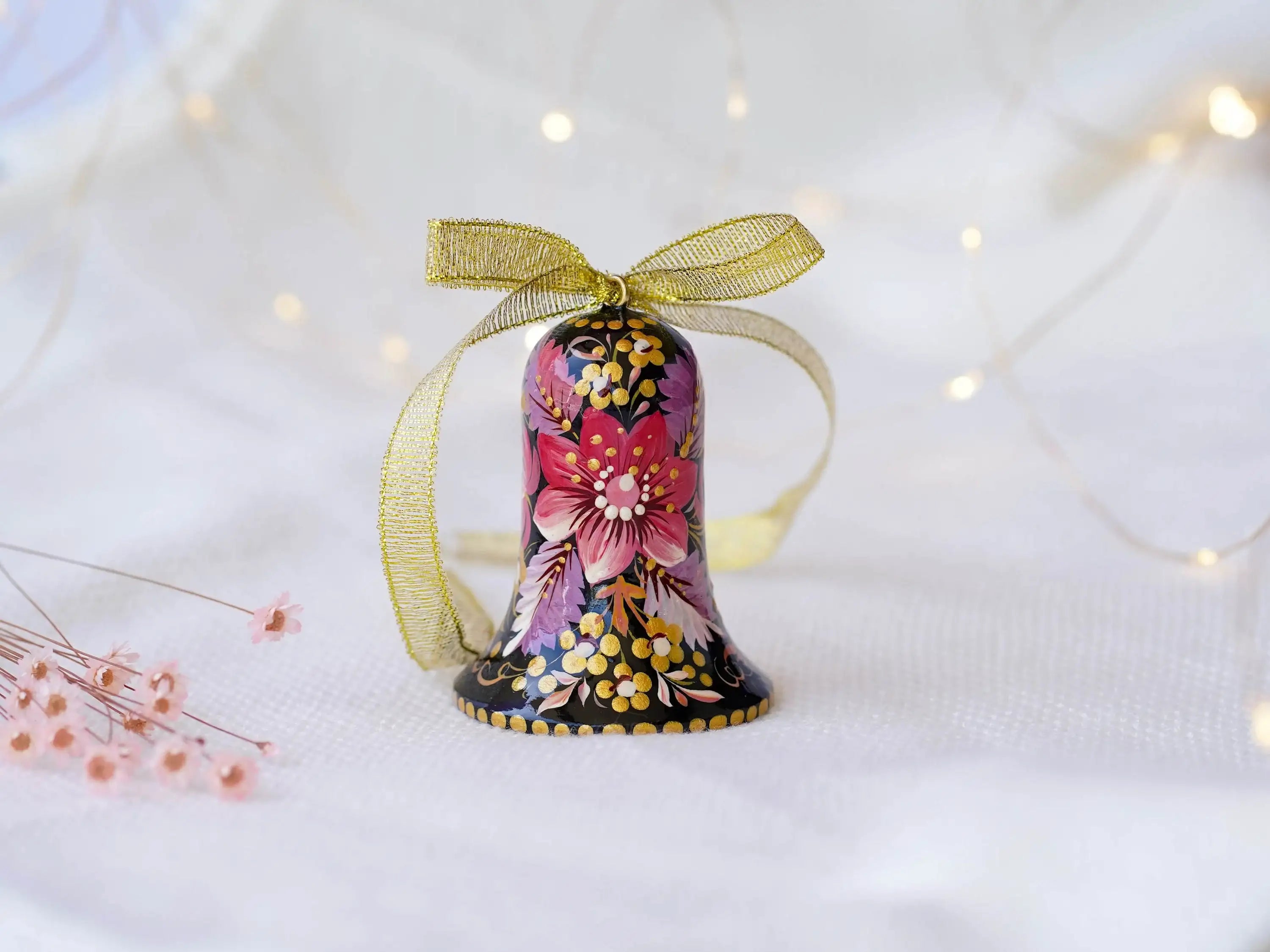 Painted Wooden Bell Christmas Ornament - Purple Flower Handmade Christmas Tree Decoration, Petrykivka Ar