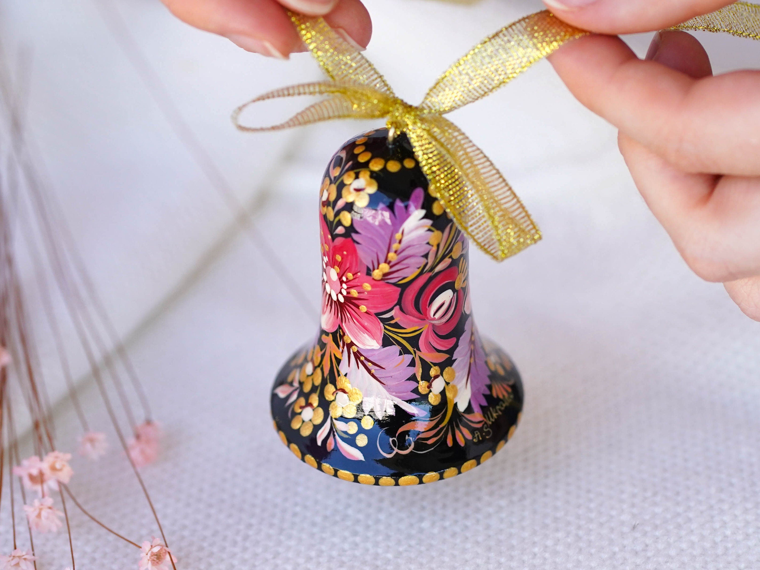 Painted Wooden Bell Christmas Ornament - Purple Flower Handmade Christmas Tree Decoration, Petrykivka Ar