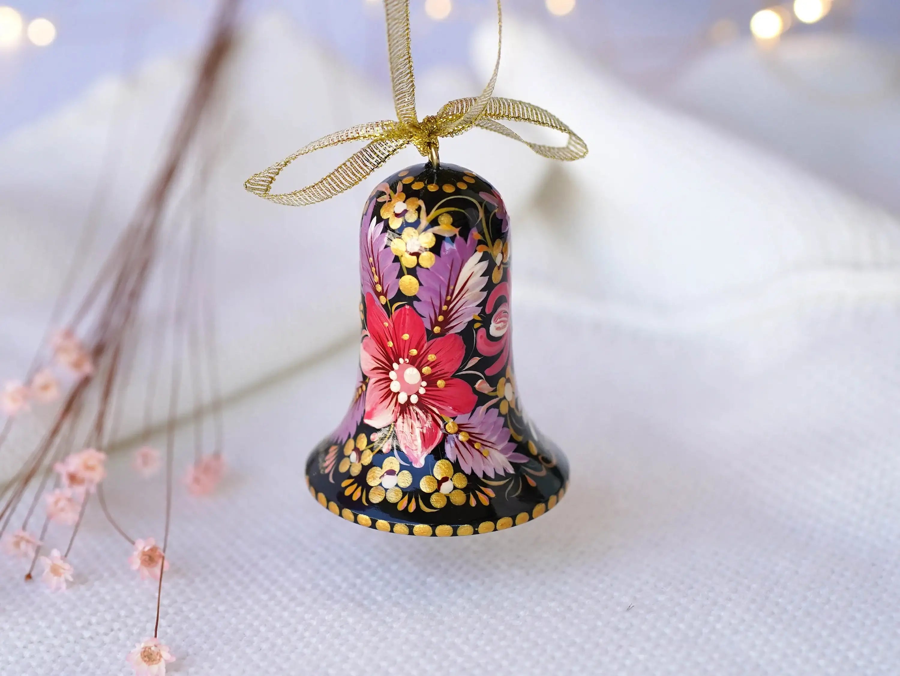 Painted Wooden Bell Christmas Ornament - Purple Flower Handmade Christmas Tree Decoration, Petrykivka Ar