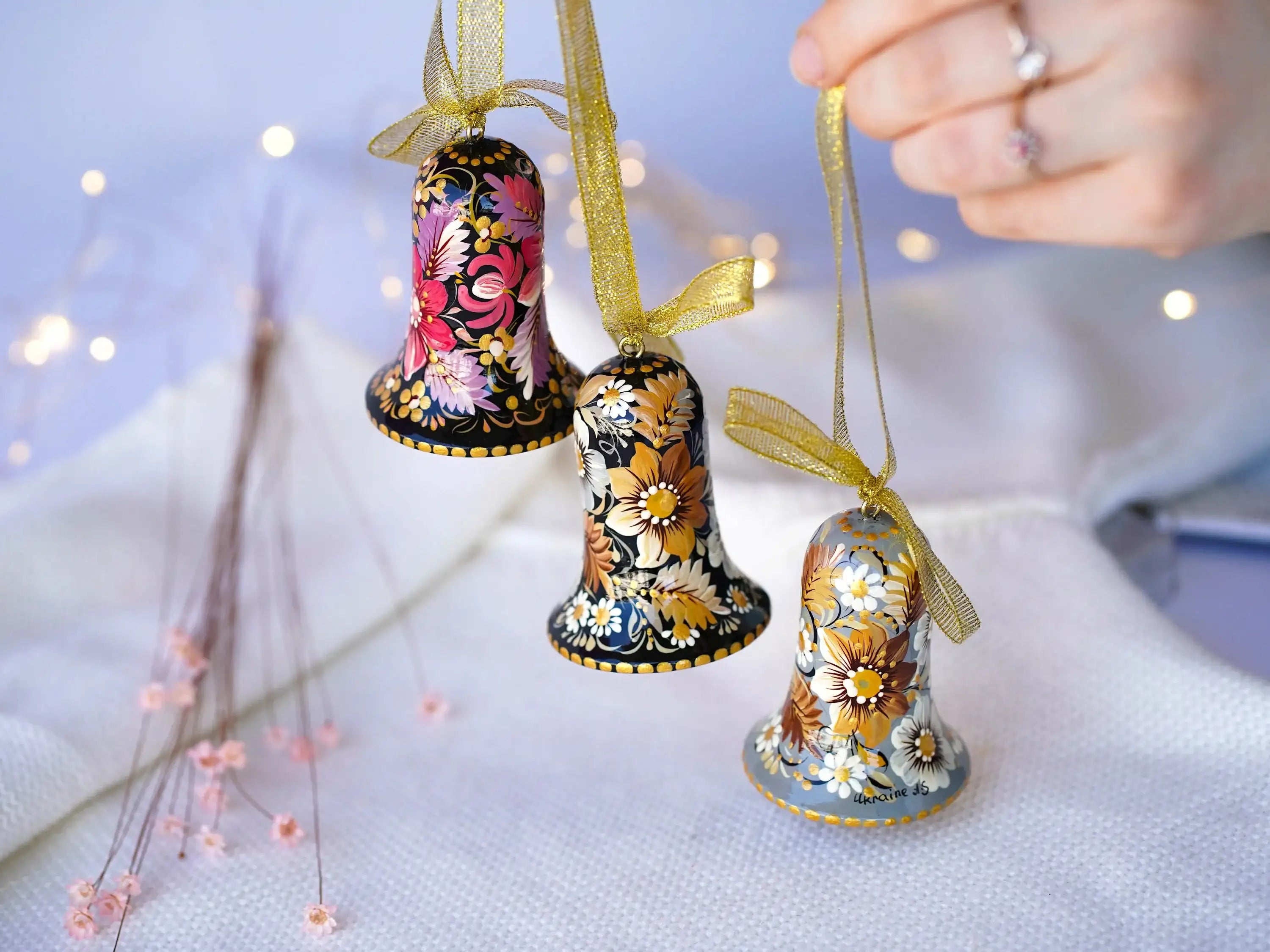 Painted Wooden Bell Christmas Ornament - Purple Flower Handmade Christmas Tree Decoration, Petrykivka Ar