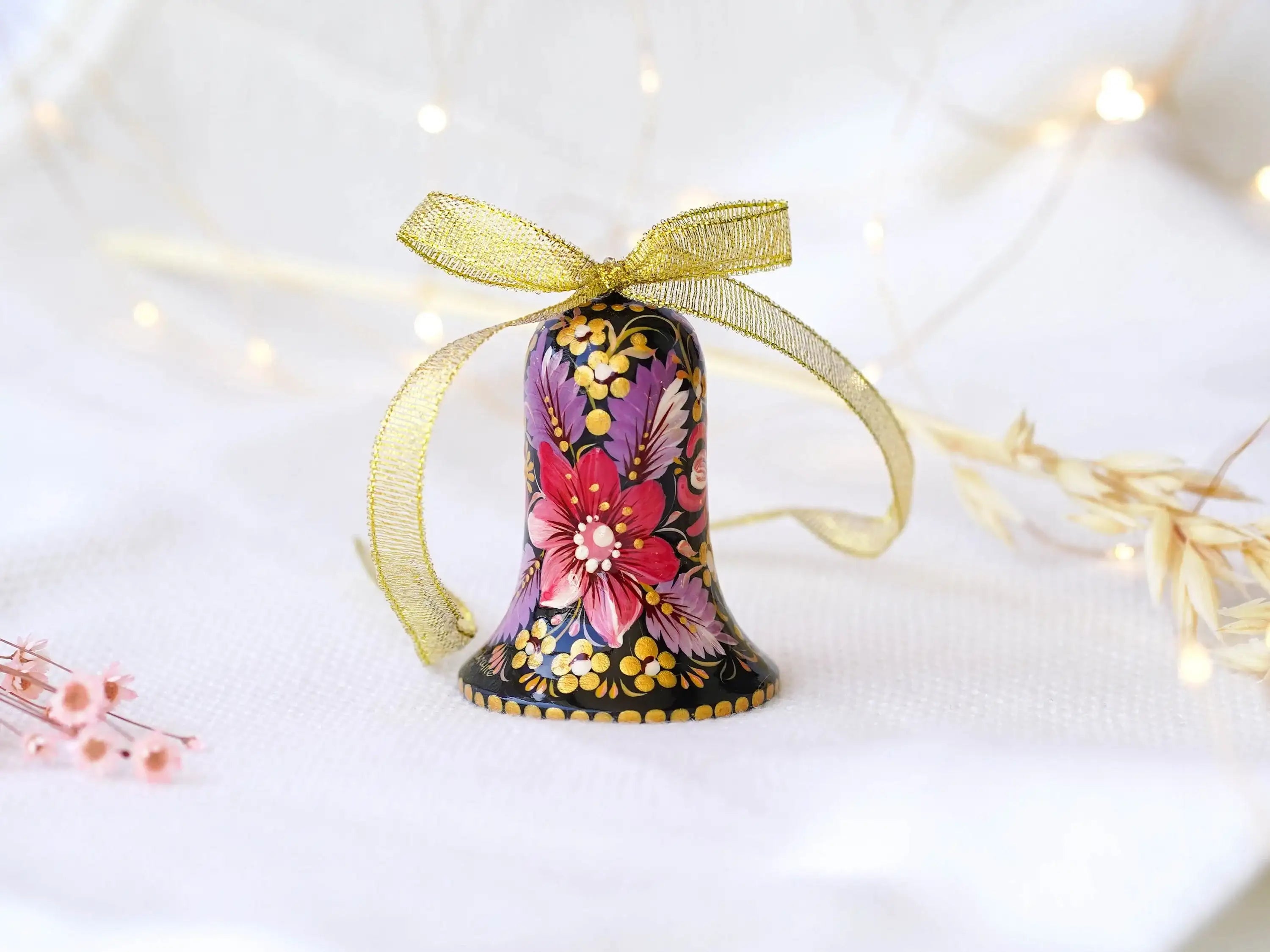 Painted Wooden Bell Christmas Ornament - Purple Flower Handmade Christmas Tree Decoration, Petrykivka Ar