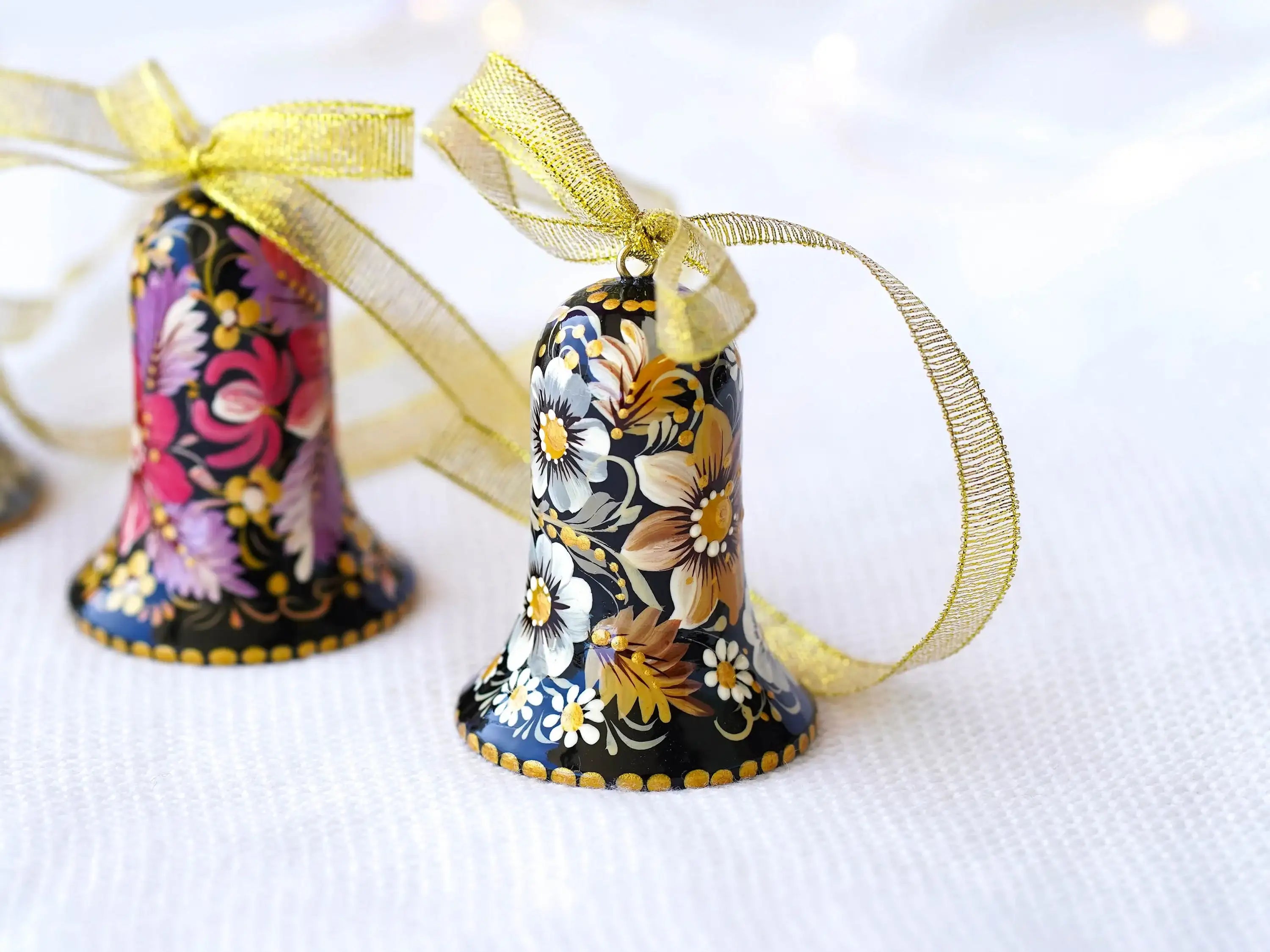 Painted Wooden Set of 3 Personalized Christmas Bell Ornaments - Handmade Petrykivka Art
