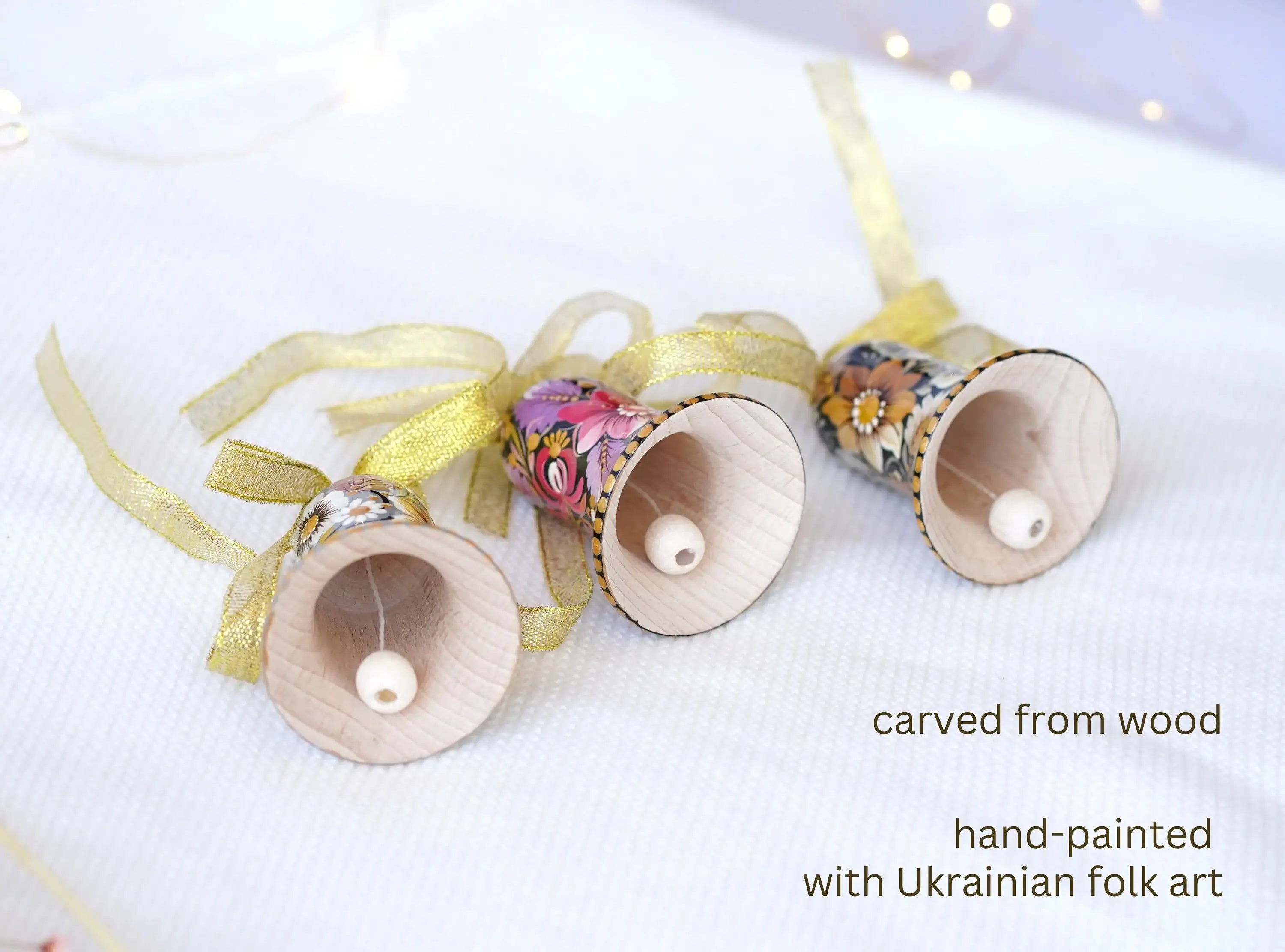 Painted Wooden Set of 3 Personalized Christmas Bell Ornaments - Handmade Petrykivka Art